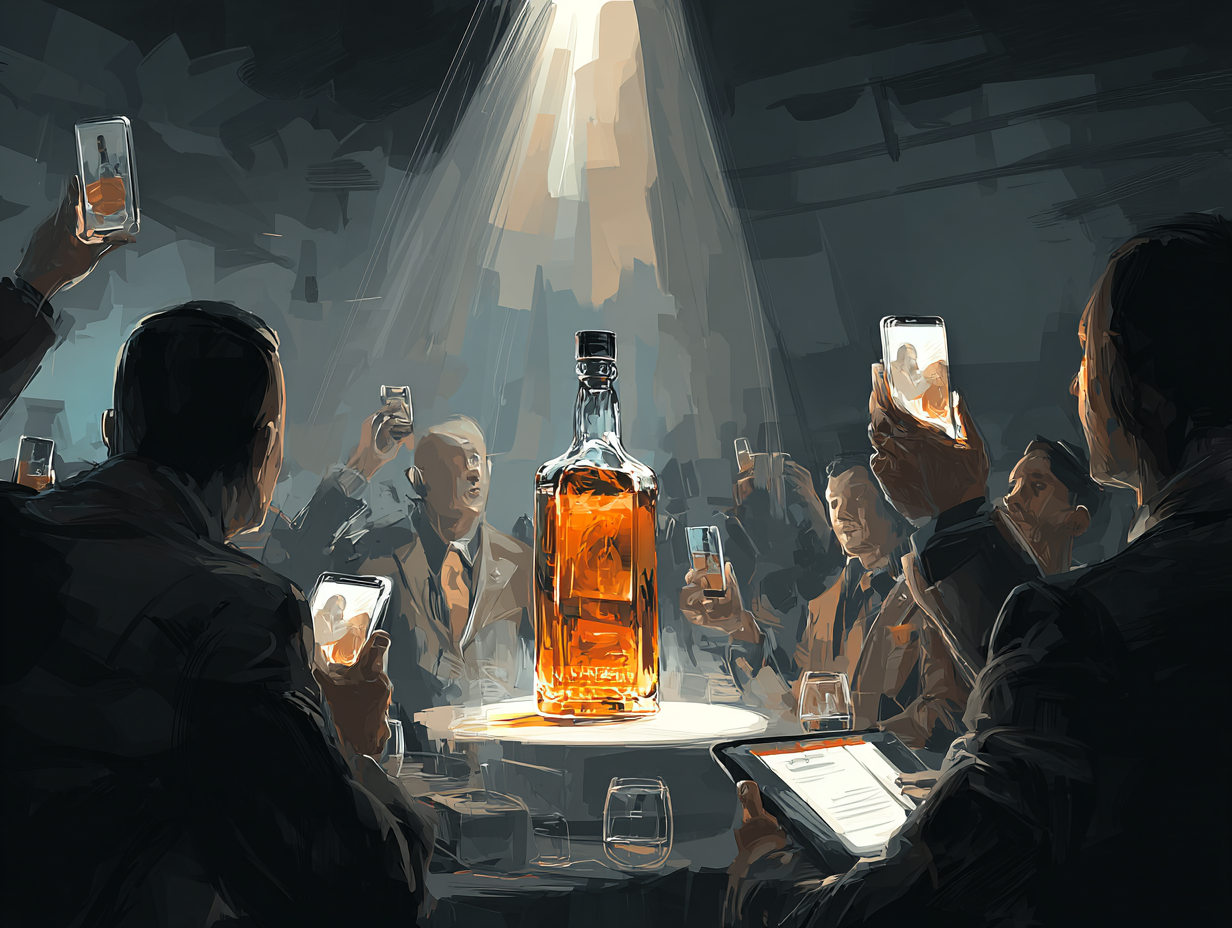 Illustration of frenzied men at a whisky auction