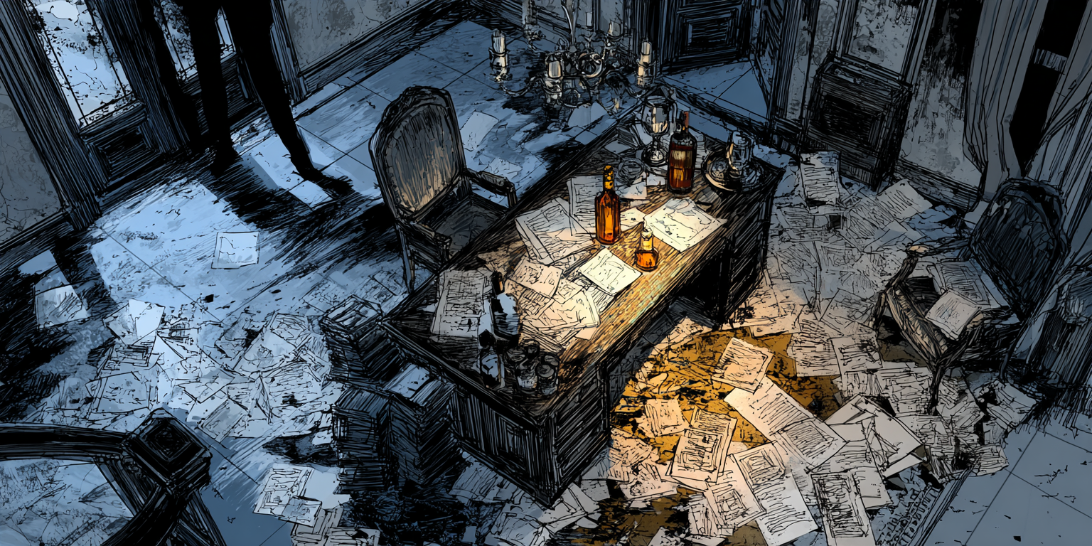 A chaotic, abandoned office with papers and whisky bottles everywhere