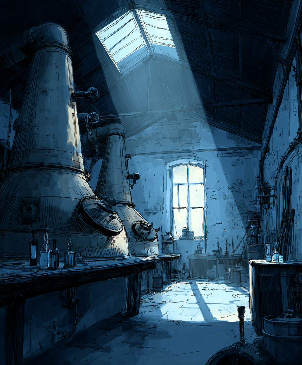 An abandoned distillery with moonlight shining in through a hole in the roof