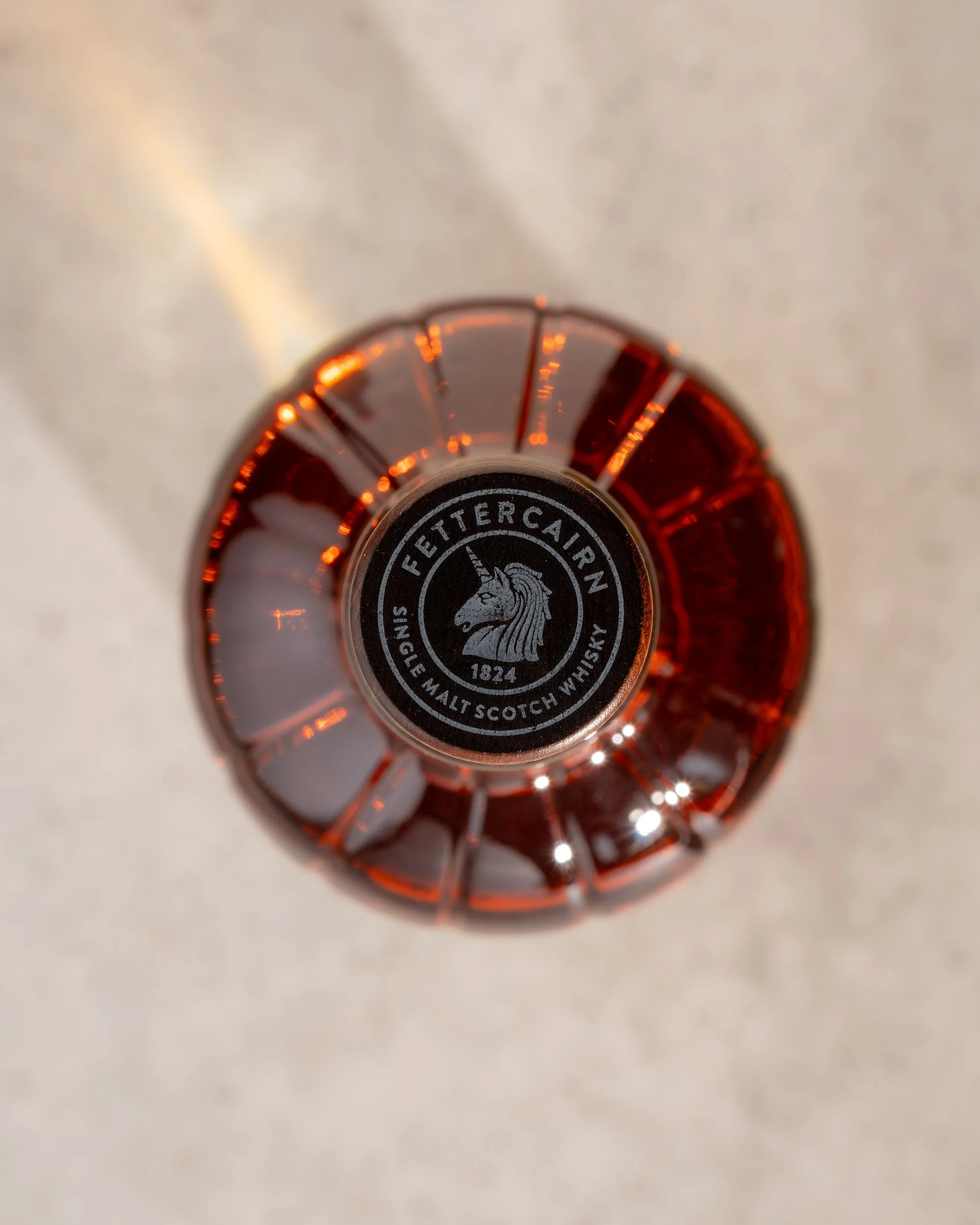 Looking down on a bottle of Fettercairn 12