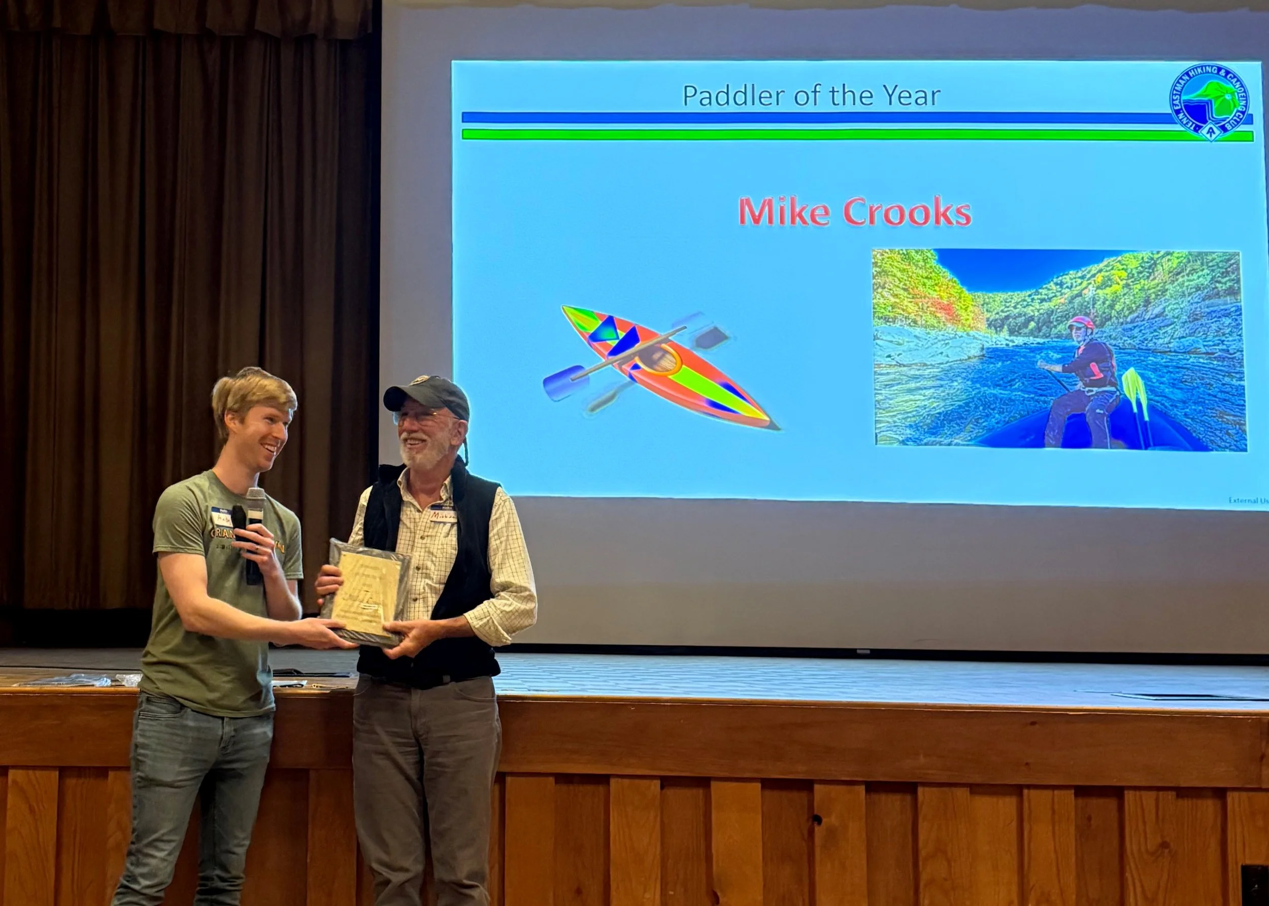 Andy Steffan, left, presents Michael Crooks the 2026 Paddler of the Year Award on Friday, April 24, 2026, at the TEHCC Spring Dinner Meeting in Kingsport, TN.