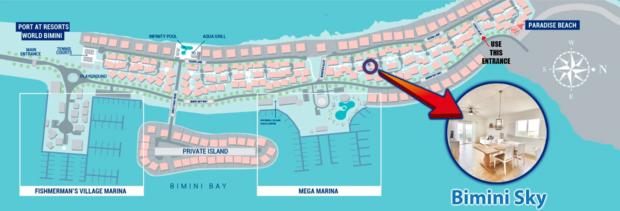Map of Bimini Bay with labeled rental locations including a 2 bedroom, 2 bath unit named "Bimini Sky", and various entrance points, with attached images of interior spaces and water features.