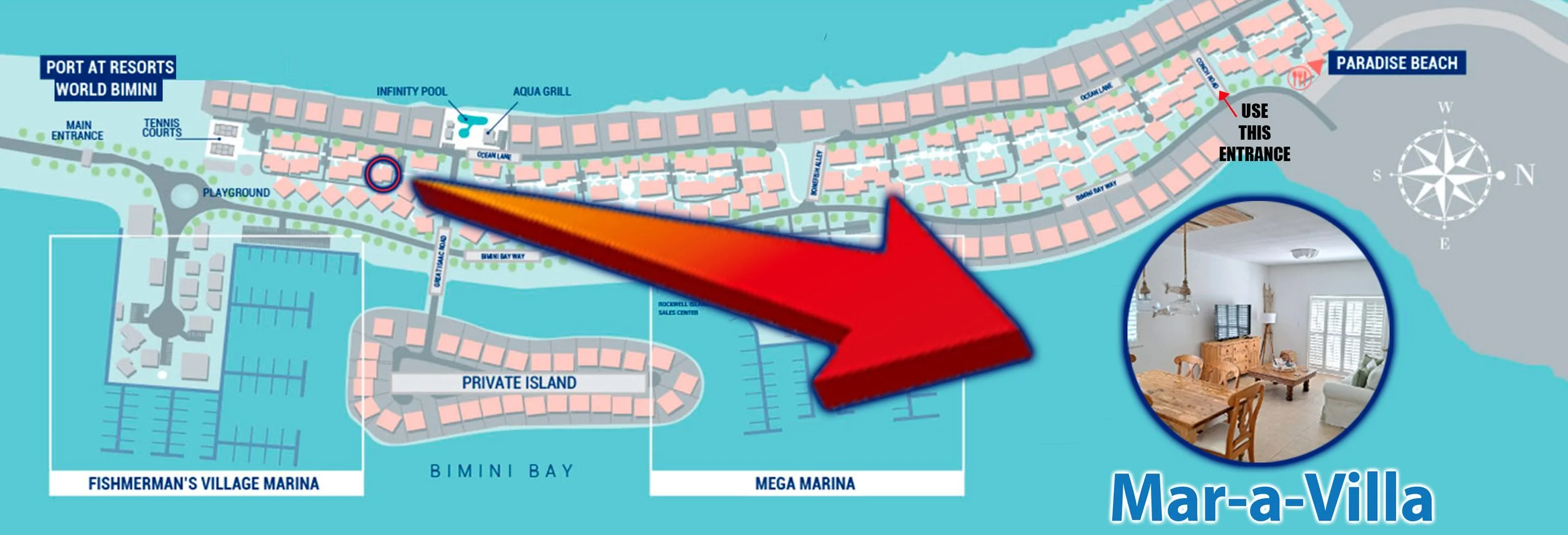 Map of Bimini Bay with labeled rental locations including a 2 bedroom, 2 bath unit named "Mar-a-Villa", and various entrance points, with attached images of interior spaces and water features.