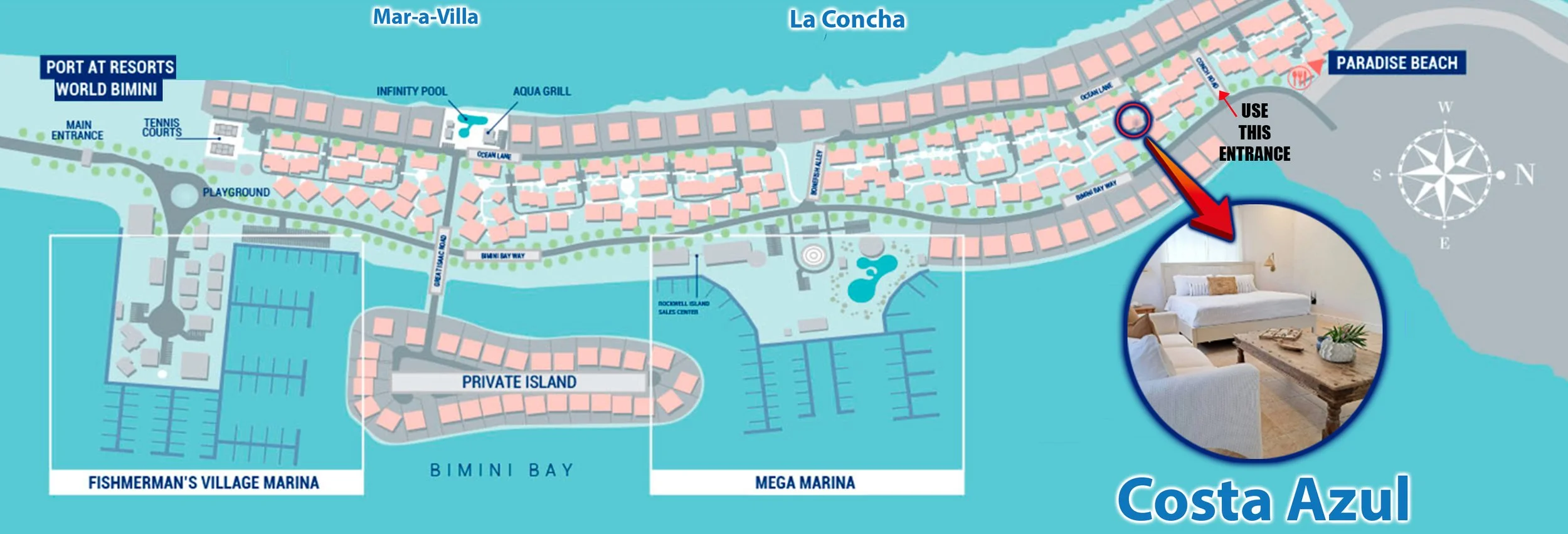 Map of Bimini Bay with labeled rental locations including a Studio with one bath unit named "Costa Azul", and various entrance points, with attached images of interior spaces and water features.