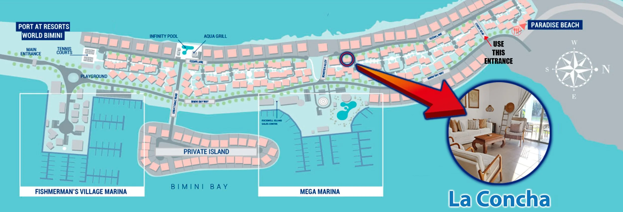Map of Bimini Bay with labeled rental locations including a 2 bedroom, 2 bath unit named "La Concha", and various entrance points, with attached images of interior spaces and water features.