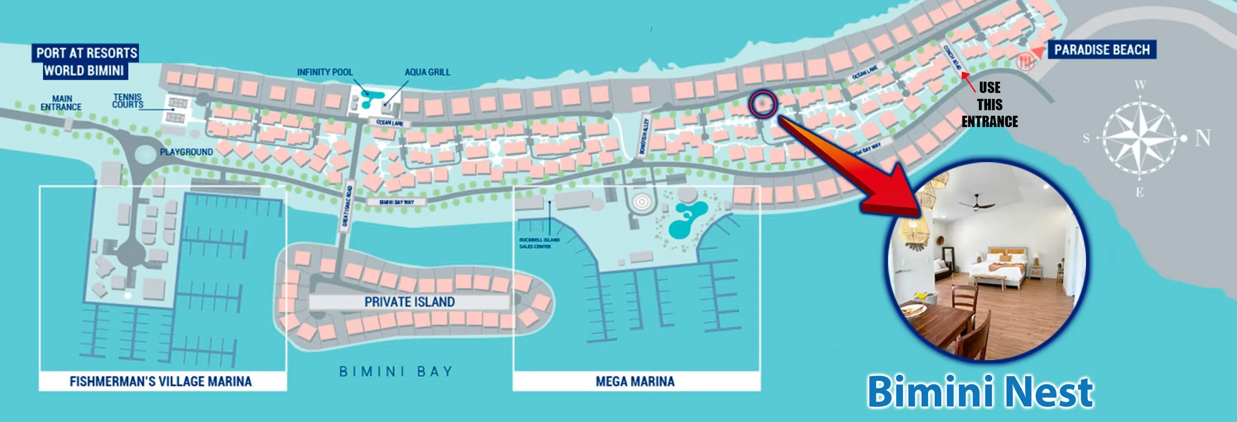 Map of Bimini Bay with labeled rental locations including a Studio with one bath unit named "Bimini Nest", and various entrance points, with attached images of interior spaces and water features.