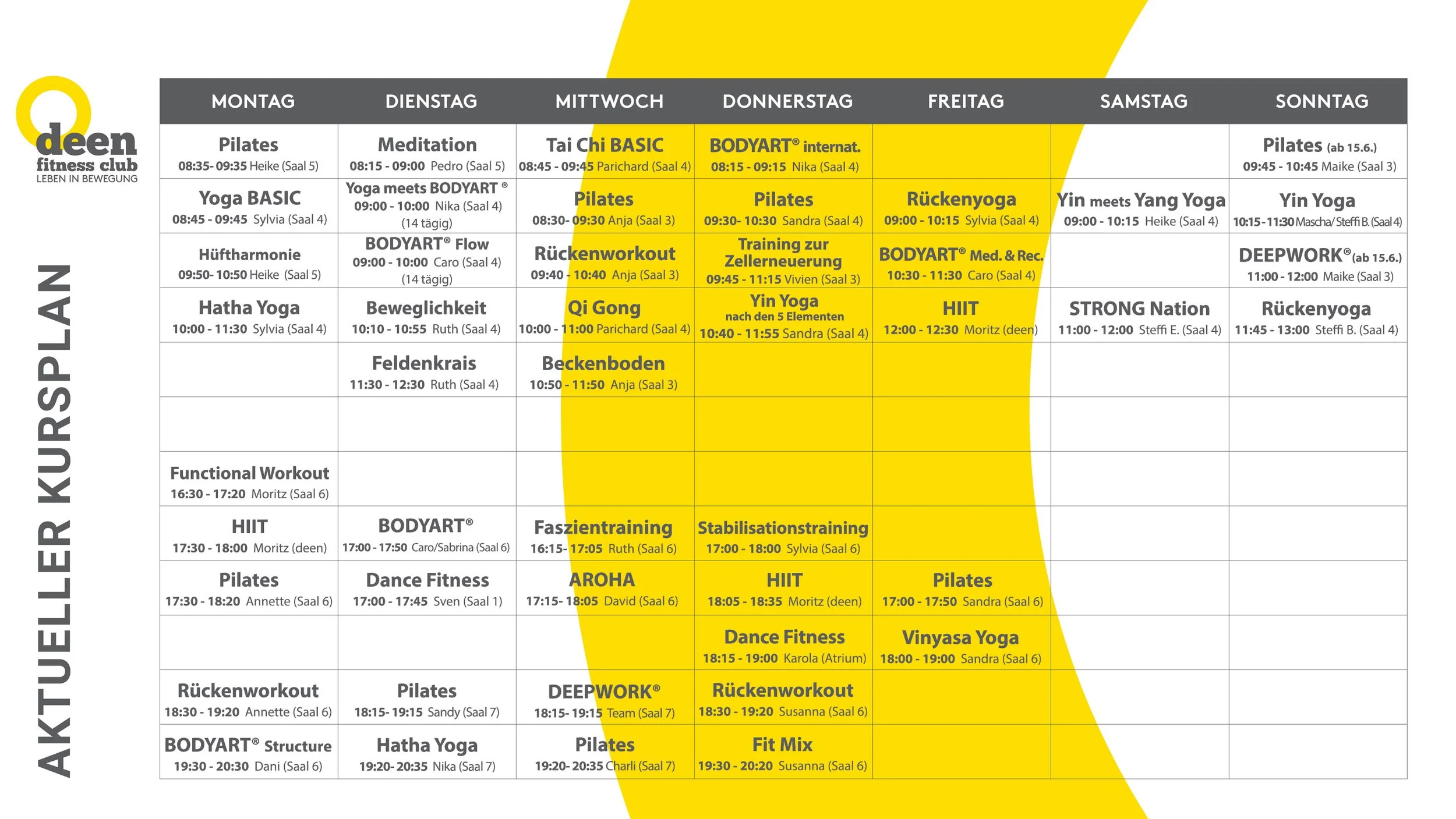Wochenplan eines Fitnessstudios mit Kursangeboten von Montag bis Sonntag, inklusive Kurszeiten und Trainer, farblich hervorgehoben sind ausgewählte Kurse.