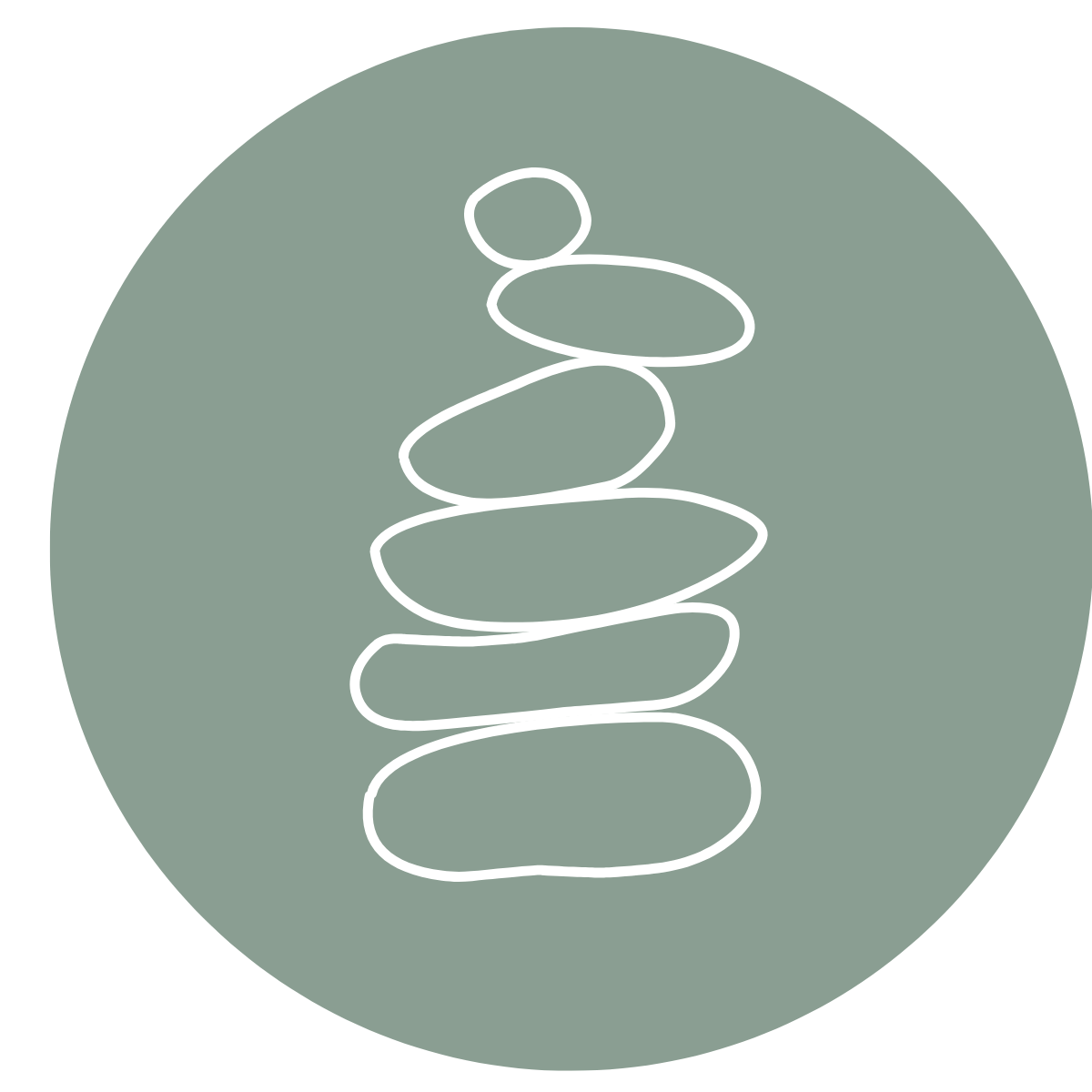 Line drawing of stacked stones on muted green background