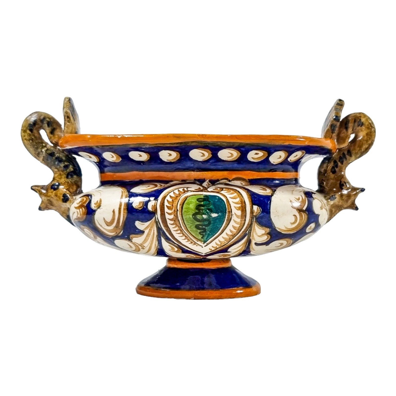 Antique Italian pottery majolica baluster bowl with Renaissance sea monster dolphin handles