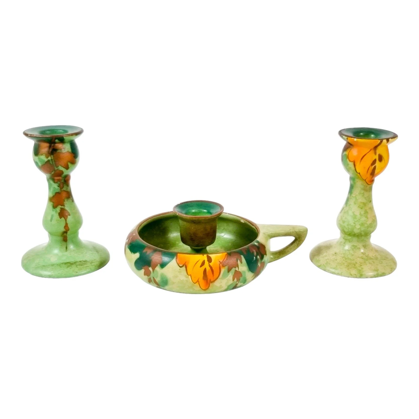 Studio Pottery green chamberstick and 2 matching candlesticks decorated with autumn oak leaves