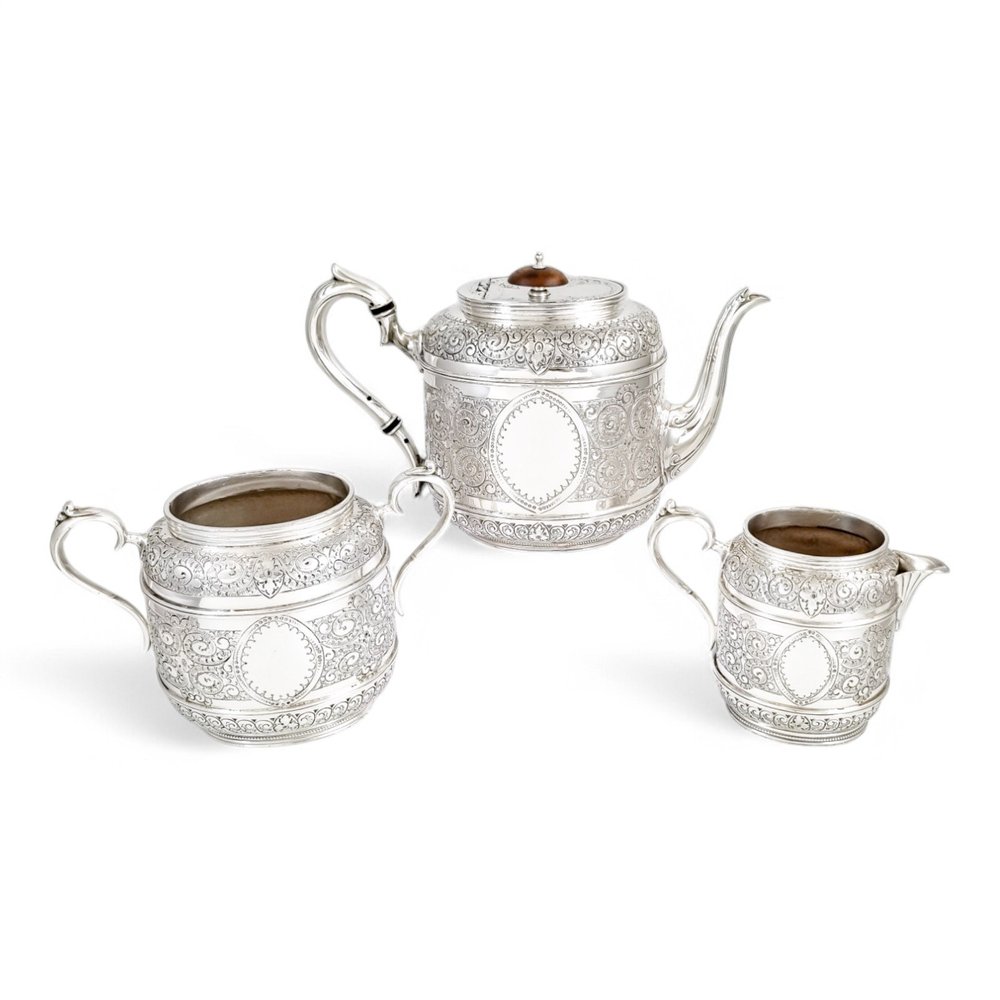 Antique Victorian silver plated three piece tea set Rococo Revival