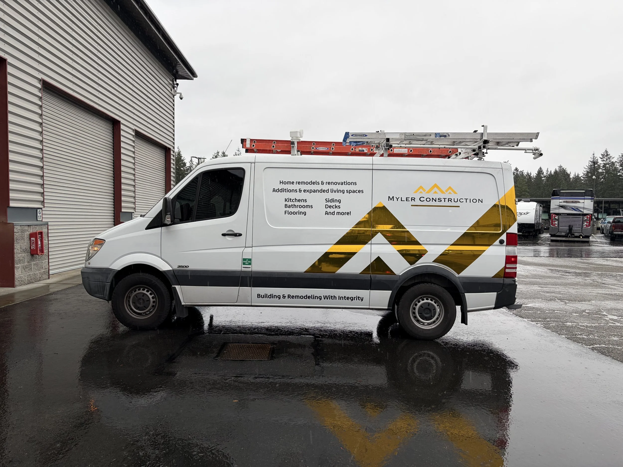 Custom Gold Chrome graphics on this construction van to turn heads everywhere it goes! #Mylerconstruction 