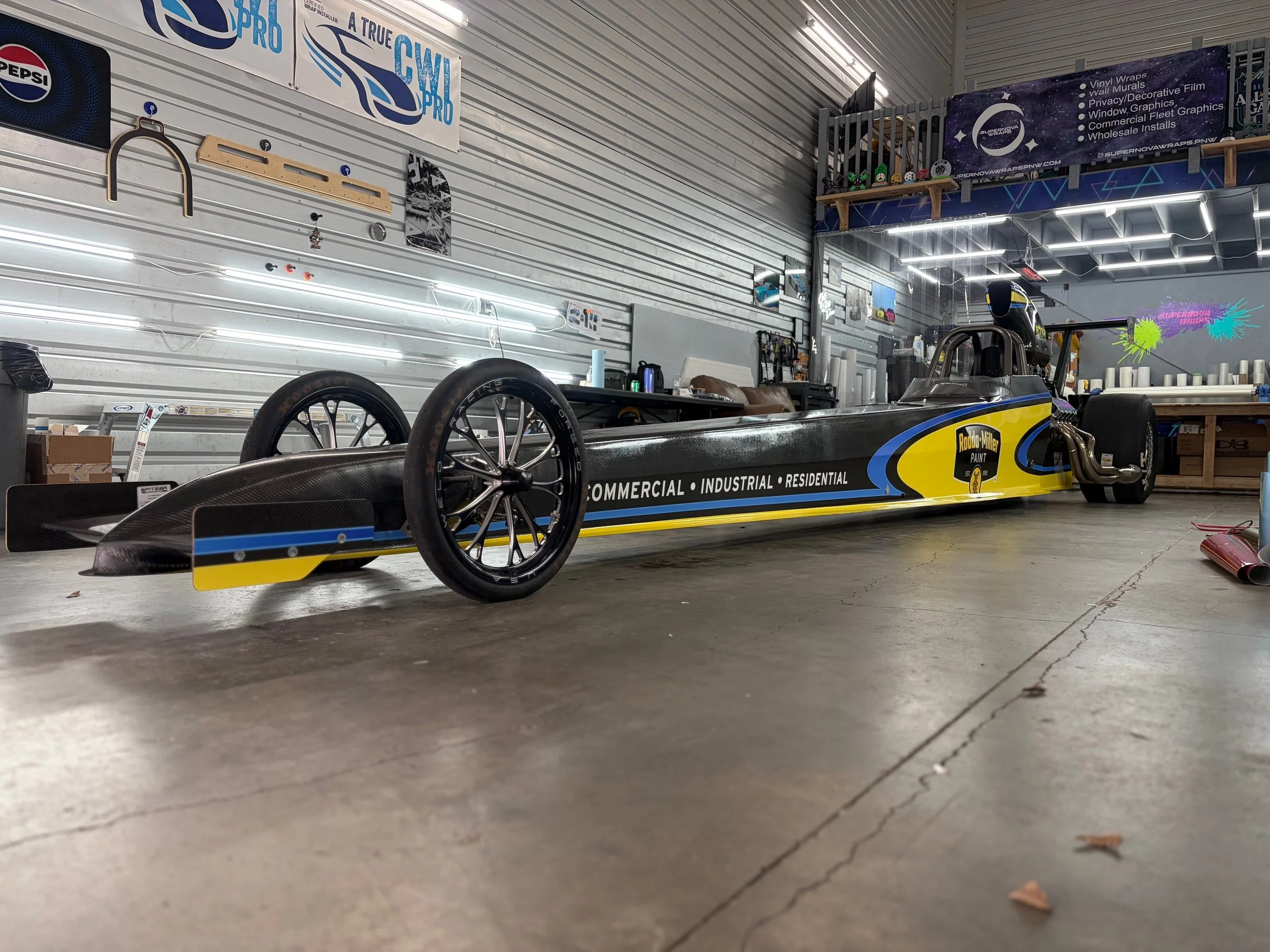 Carbon fiber drag car with printed reflective graphics