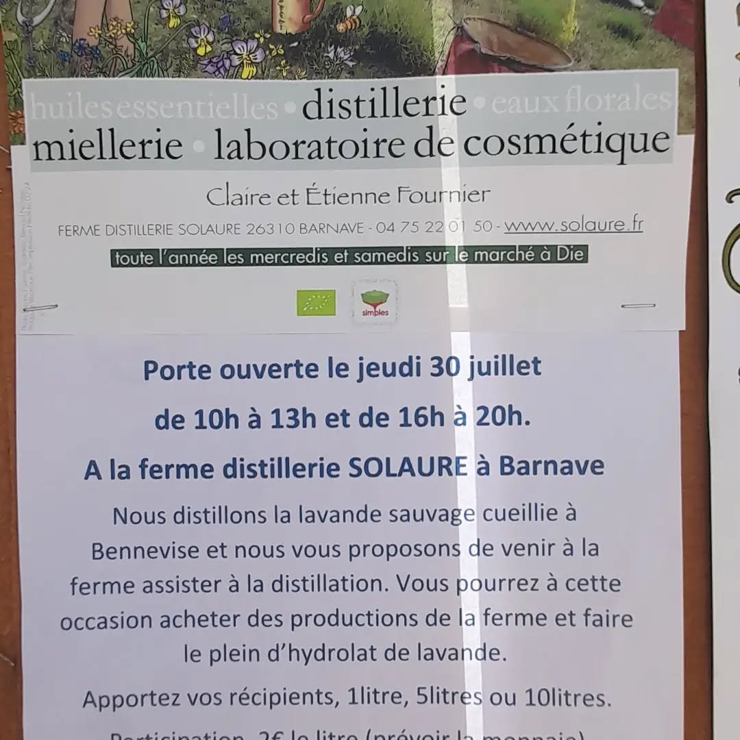 On en met des affiches, ces derniers jours !
Profitez des portes ouvertes le 30 juillet pour d&eacute;couvrir la distillation de la lavande qui a &eacute;t&eacute; ramasser &agrave; B&eacute;nevise ces derniers jours !
@paysdioistourisme 
@inspiratio