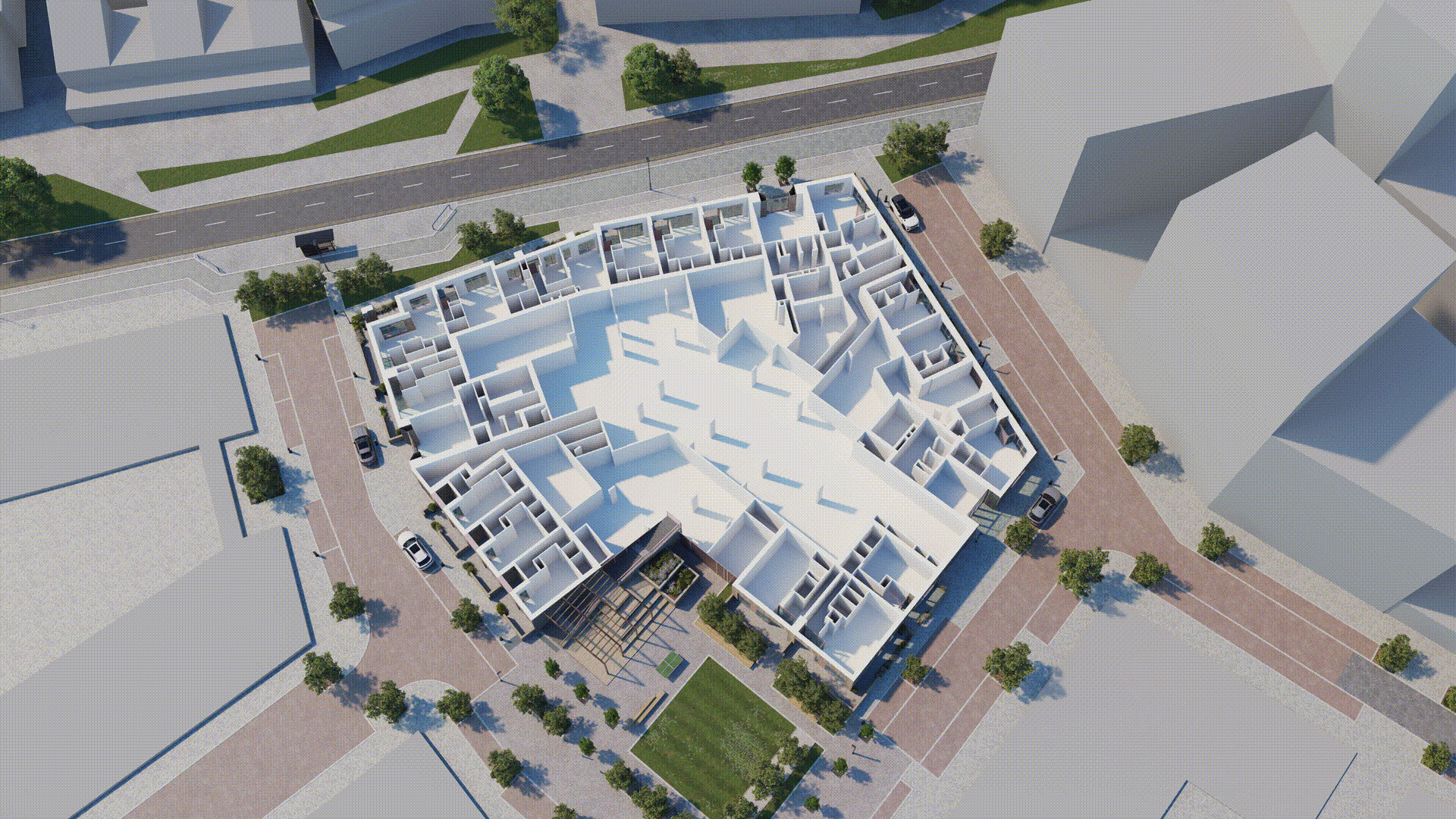 A 3D model of a building's interior floor plan with multiple rooms, viewed from above. Surrounding streets and trees are visible outside the building.