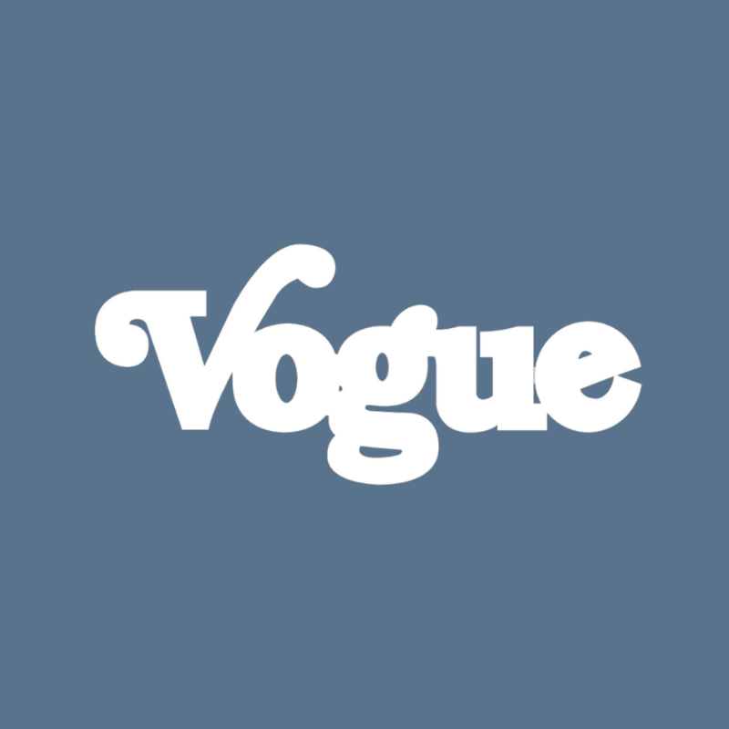 The Vogue logo rendered in stylized white text on a blue background.