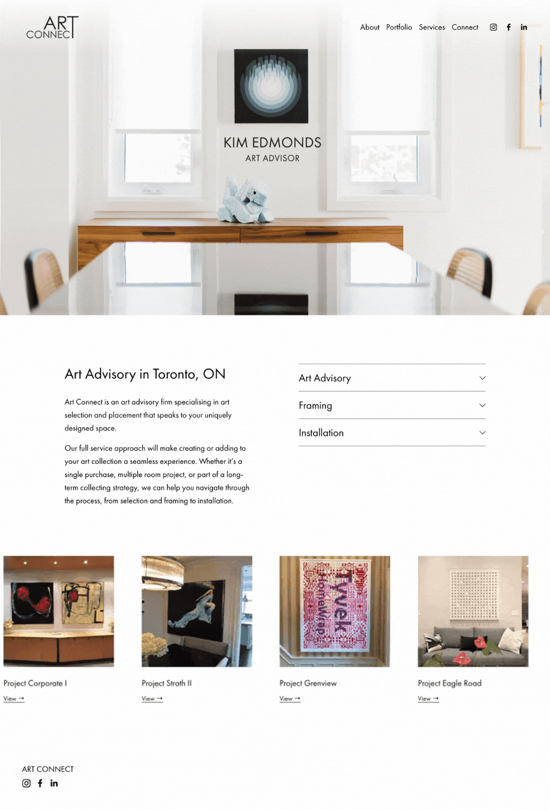 Screenshot of Art Connect website homepage featuring art advisory services, project listings, and contact links. Displays a modern office setting with artwork and furniture.