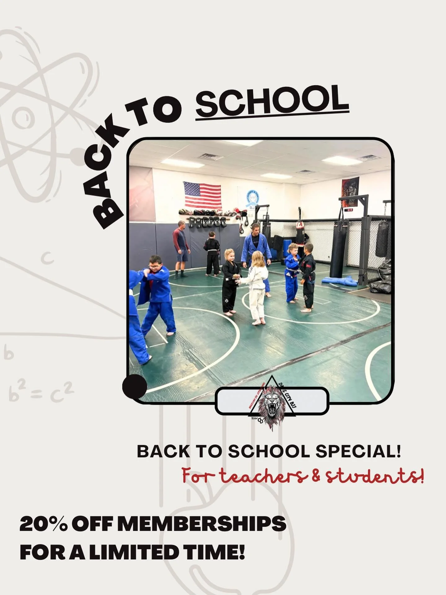 BACK TO SCHOOL SPECIAL!!

Get kids off the video games and in the gym. 

20% off memberships for new students AND teachers going on now! 

Call, text, or stop by for more info or to try for free 📚✏️

#dadecity #jiujitsu #grappling #wrestling #martia