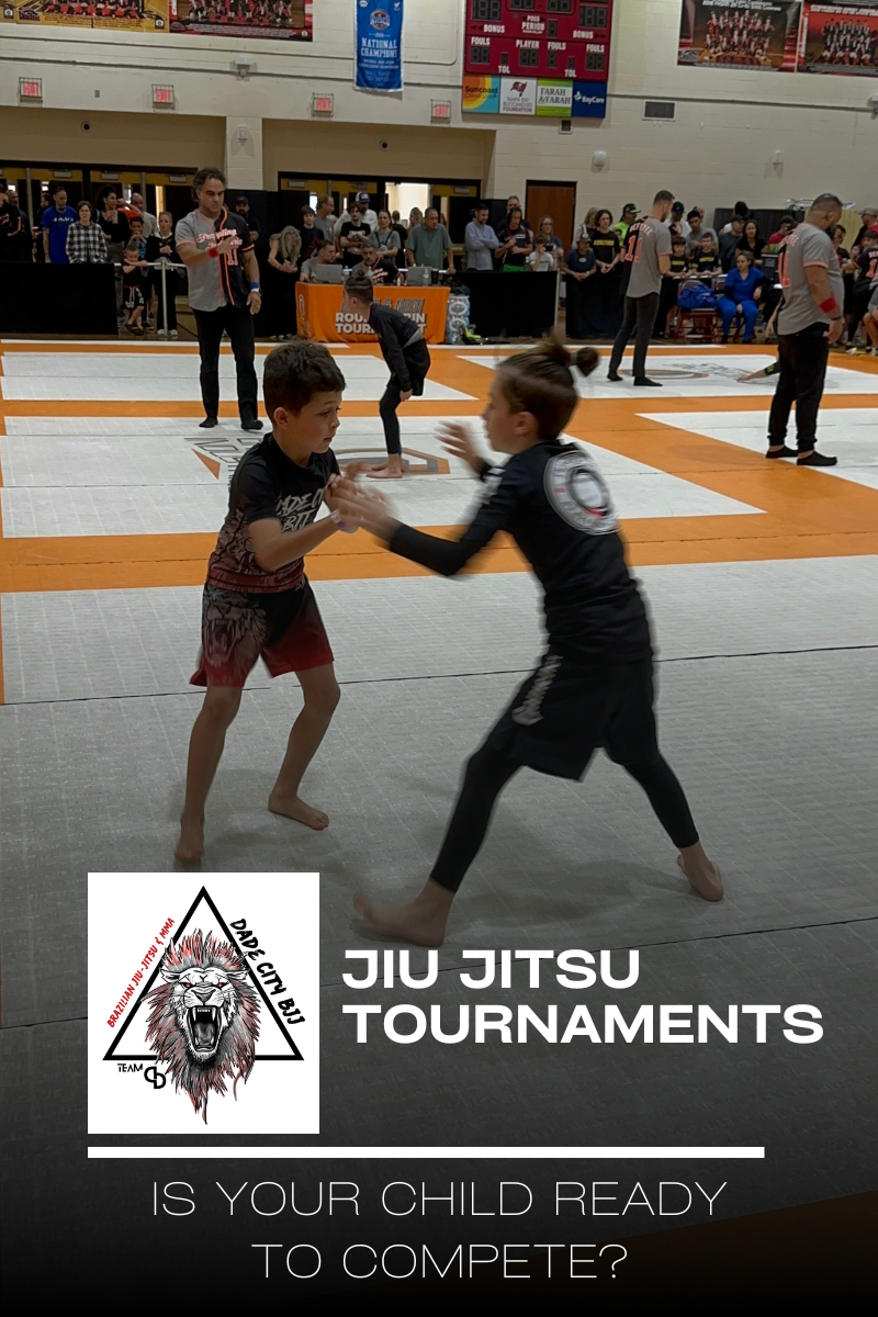 Image shows youth brazilian jiu jitsu athletes competing at a tournament to support article discussing the benefits and challenges of competing for the first time.