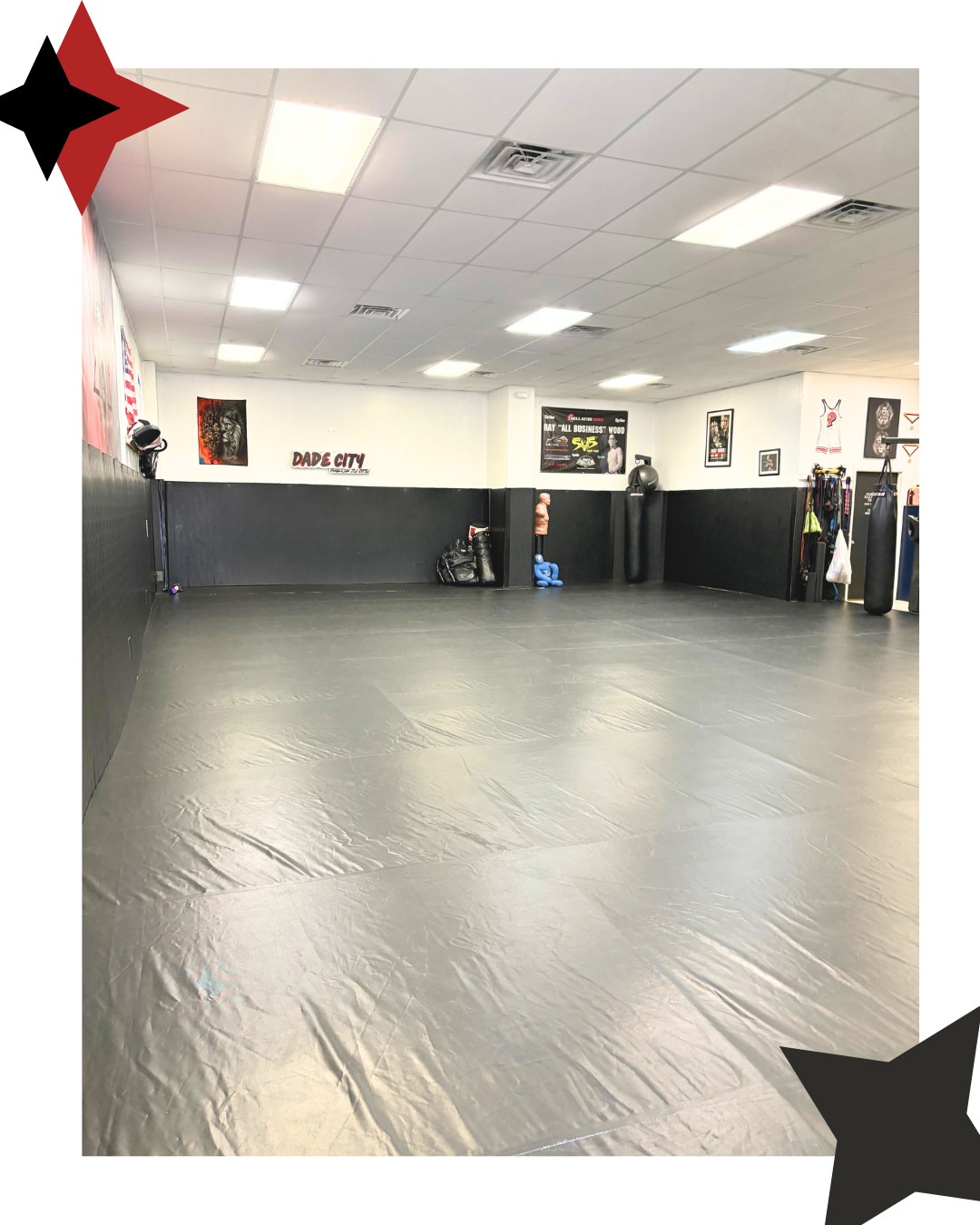 Image of an empty martial arts and jiu jitsu gym showing a large area with training mats and matted walls with training areas and equipment
