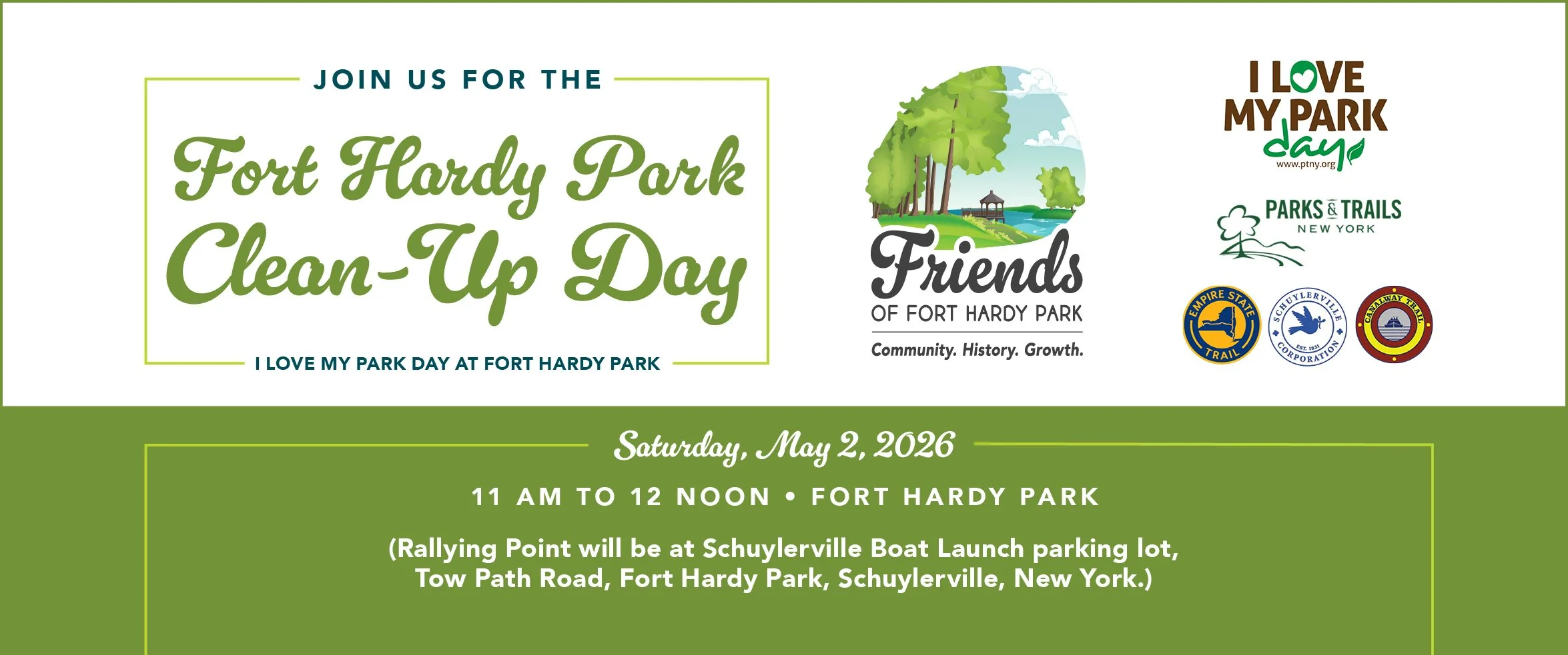 Fort Hardy Park Clean-Up Day banner, I Love My Park Day at Fort Hardy Park, Saturday May 2, 2026, 11 AM to 12 Noon, rallying point at Schuylerville Boat Launch parking lot, Tow Path Road, Schuylerville NY