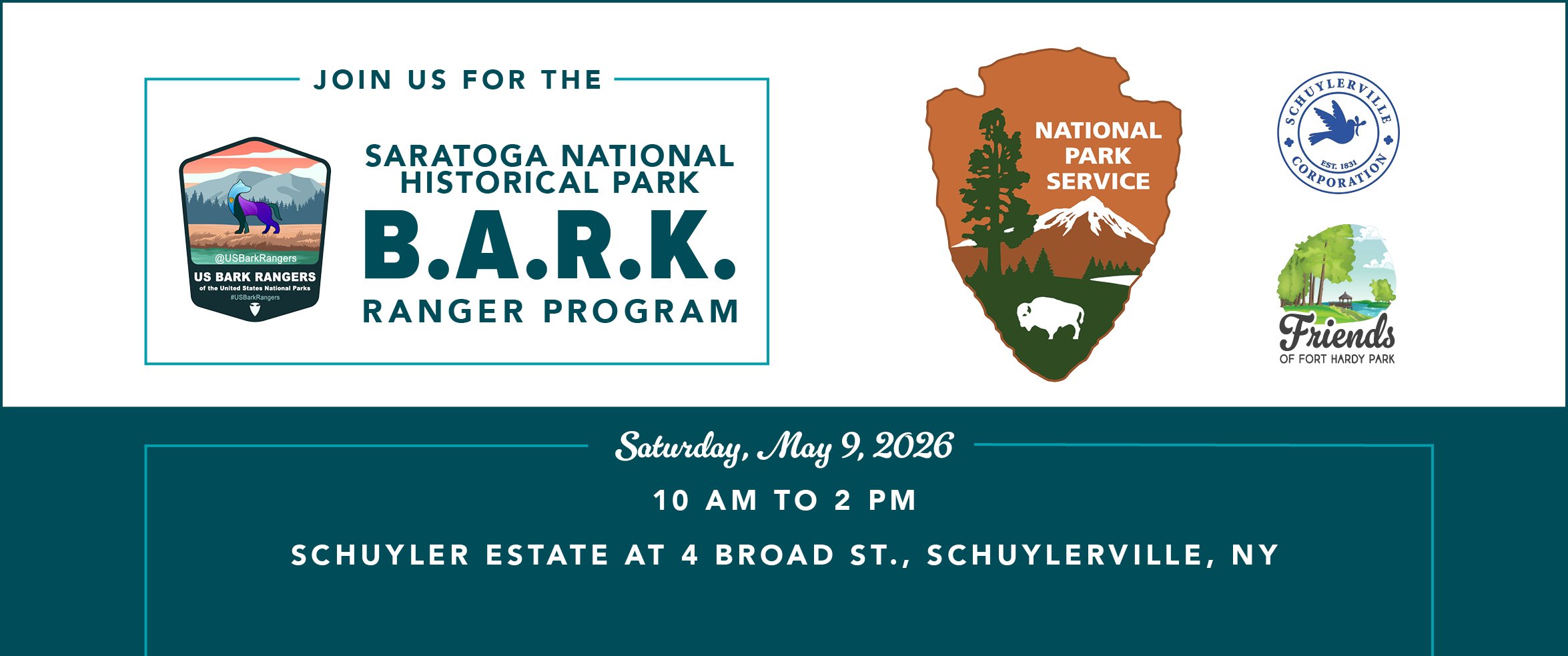Join us for the National Park Service's BARK Ranger Program on Saturday May 9, 2026 from 10am - 2pm at the Schuyler Estate, 4 Broad Street, Schuylerville, NY
