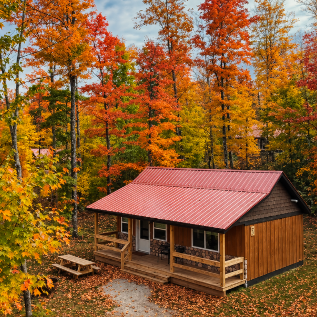 Luxury cabin surrounded by fall colors at Raging River Resort in Marquette, Michigan