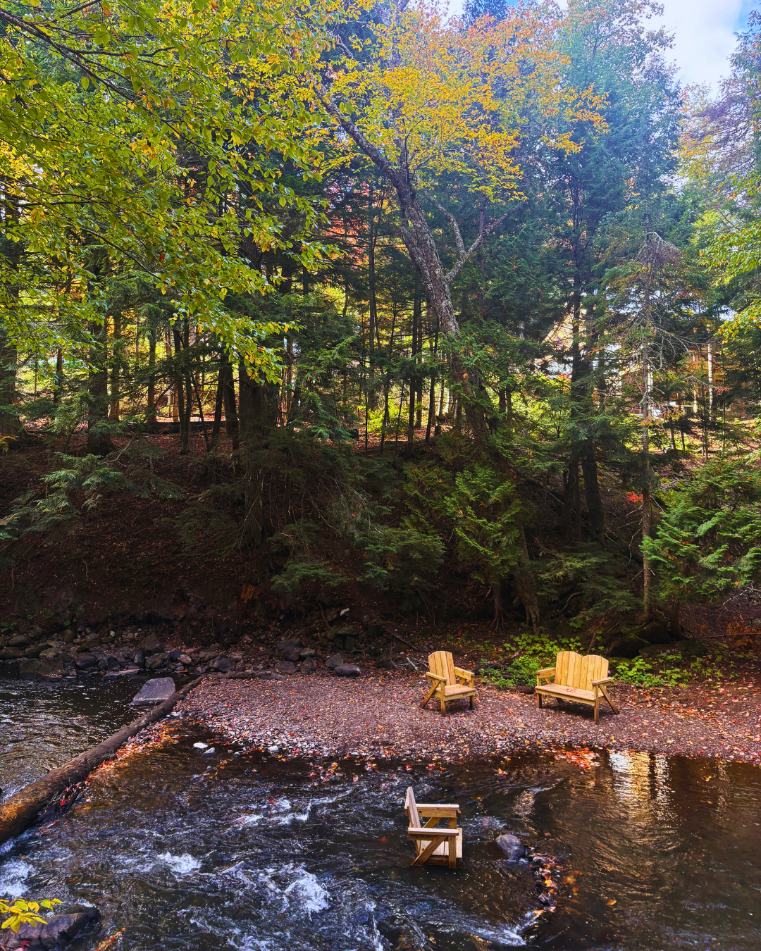 Chairs placed in the Carp River at Raging River Resort in Marquette, Michigan, surrounded by scenic autumn foliage.
