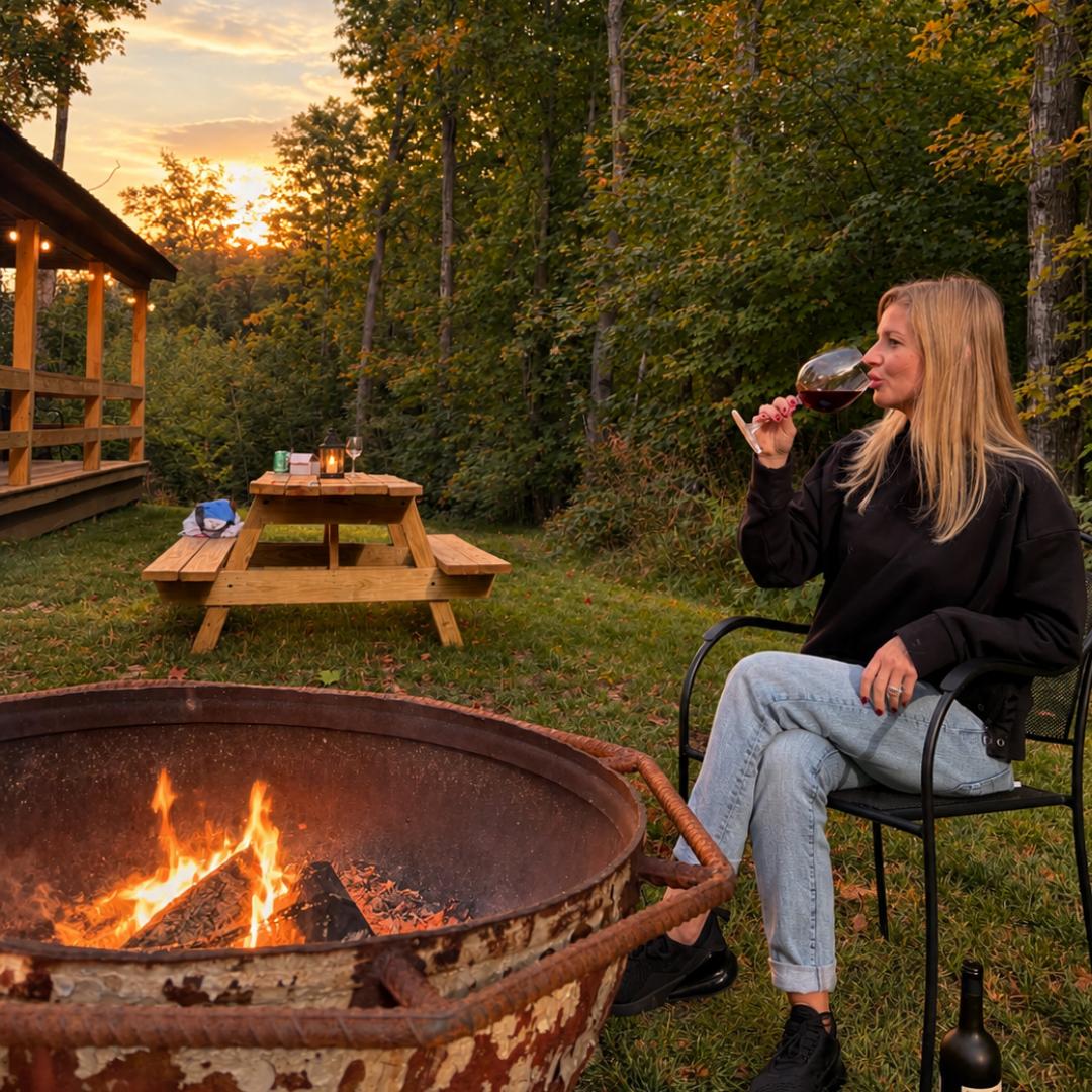 Cozy cabins stay at Raging River Resort in Marquette, Michigan, with a fire pit and colorful fall foliage in the Upper Peninsula.