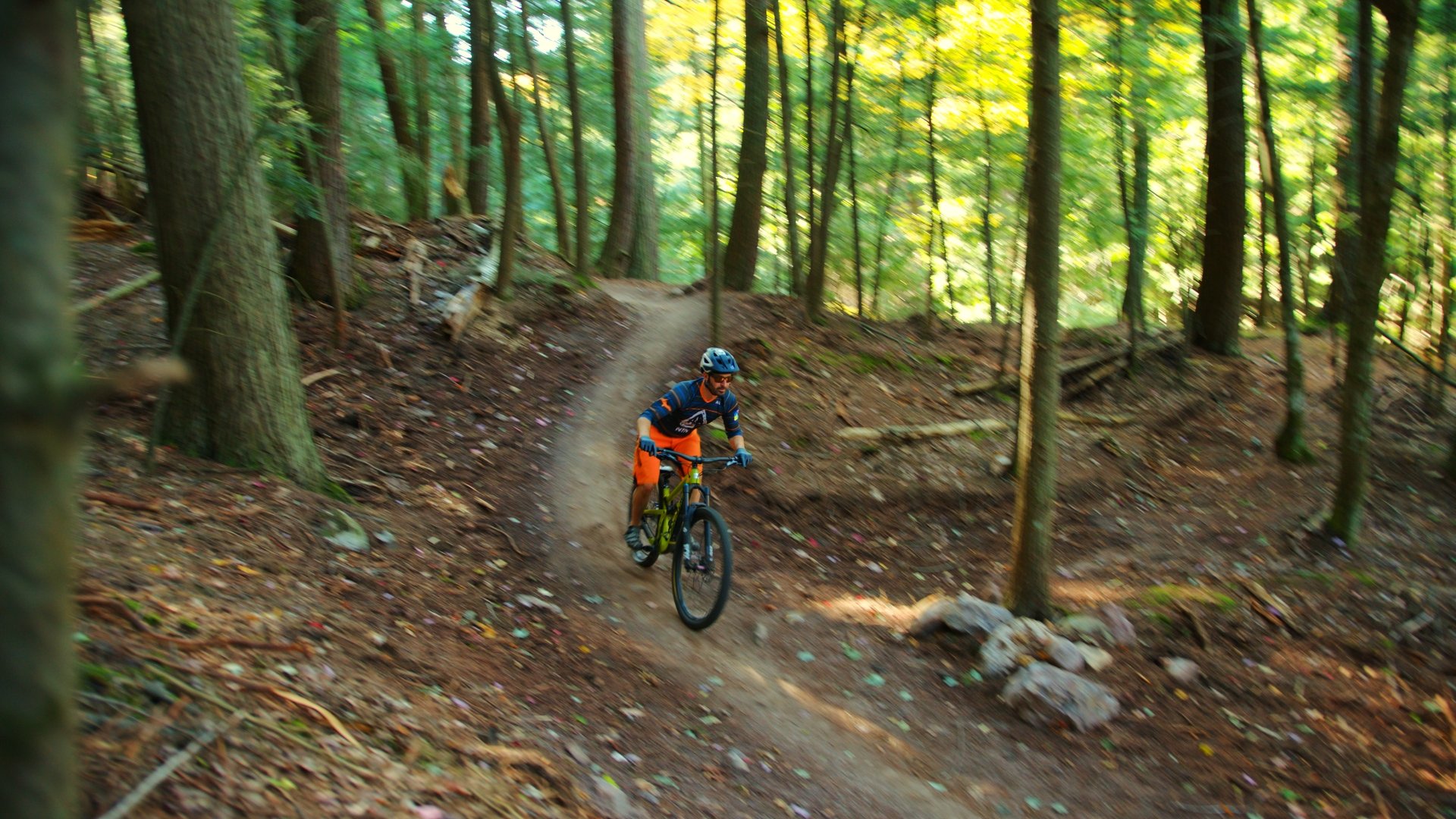 Mountain biking on a wooded singletrack trail surrounded by autumn scenery at Raging River Resort in Marquette, Michigan’s Upper Peninsula.