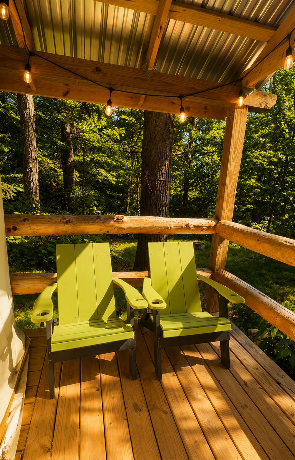 Adirondack chairs overlooking the peaceful forest at Raging River Resort in Marquette, Michigan.