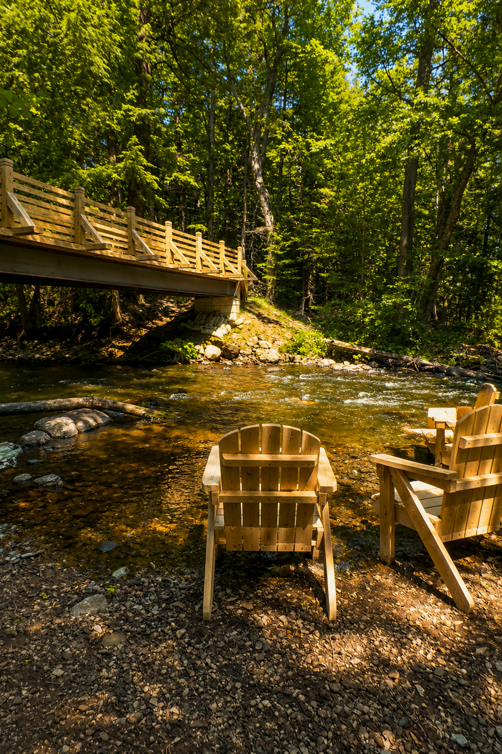 The scenic Carp River flowing through Raging River Resort near Marquette, Michigan.
