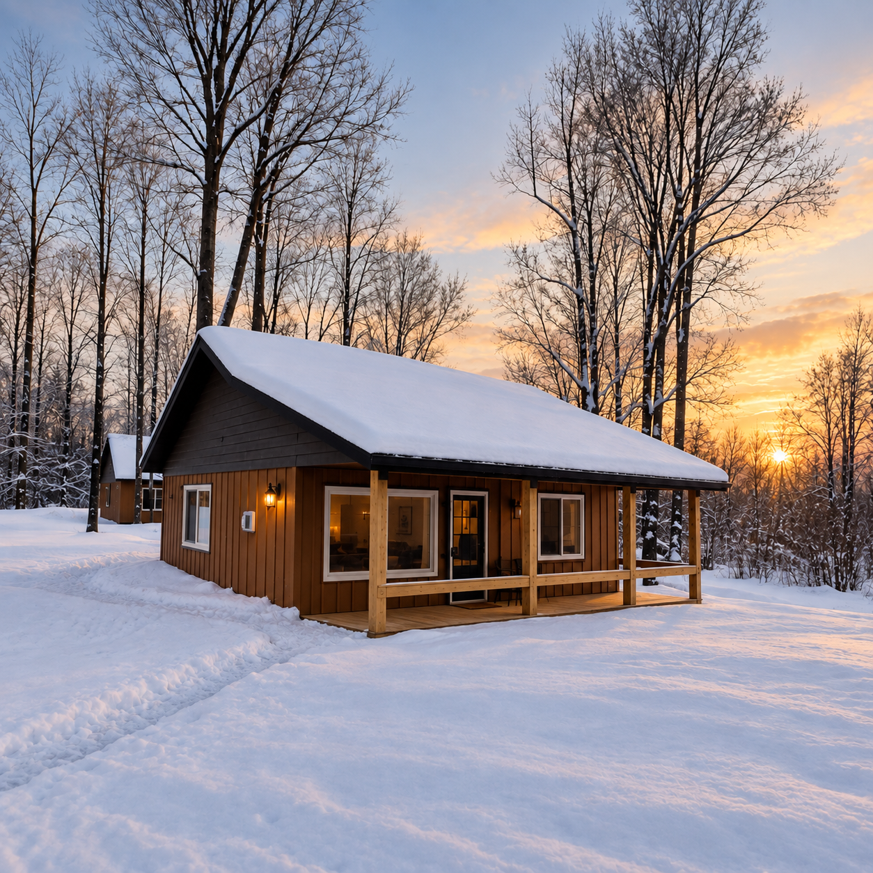 Cozy winter cabin at Raging River Resort near Marquette, Michigan