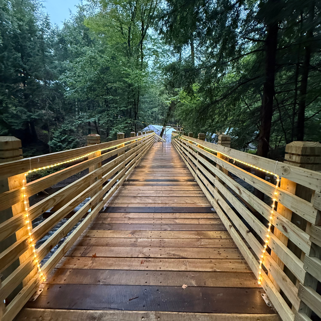 Wooden footbridge surrounded by autumn forest at Raging River Resort in Marquette, Michigan’s Upper Peninsula, offering scenic fall foliage views.