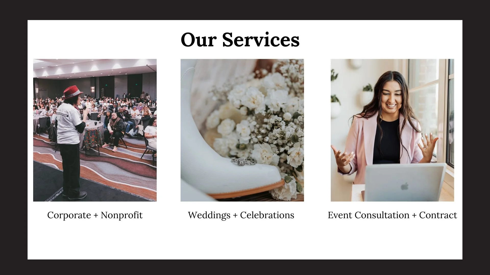 A presentation slide titled 'Our Services' with three images and descriptions. The first image shows a speaker addressing a large audience at a conference, labeled 'Corporate + Nonprofit.' The second image shows a close-up of a bouquet of white flowers with a ring placed on a chair, labeled 'Weddings + Celebrations.' The third image shows a woman sitting at a desk, smiling and talking on the phone while working on a laptop, labeled 'Event Consultation + Contract.'