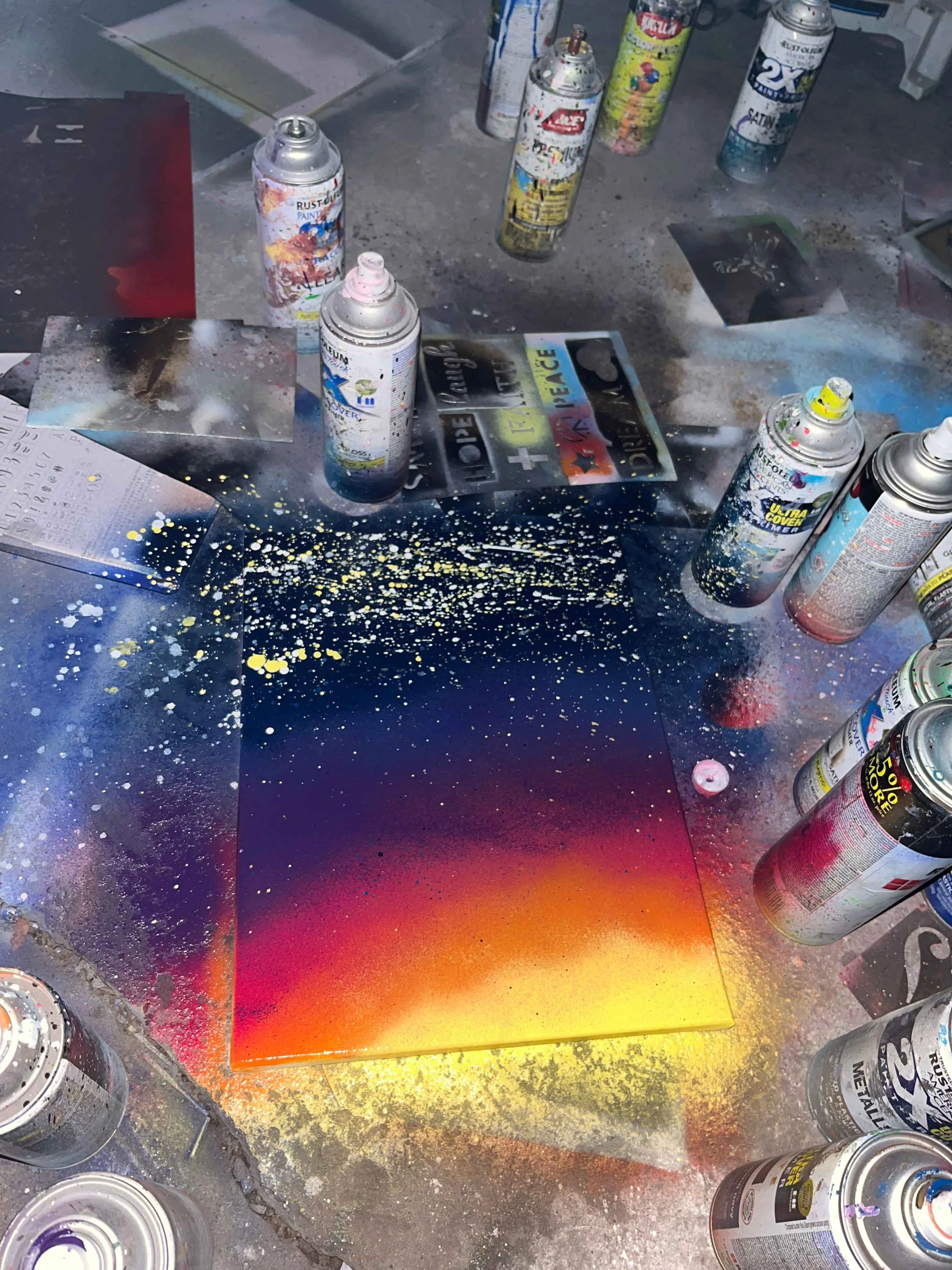 Painting on Floor with spray paint cans