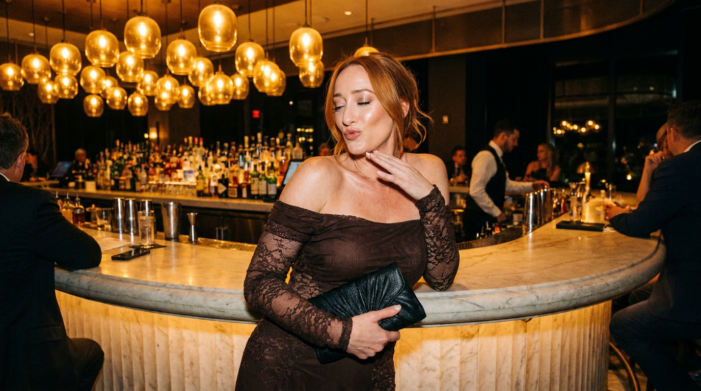 Red-haired woman in off-shoulder lace dress at a bar, striking a playful pose, holding a black clutch, surrounded by bar patrons in formal attire.