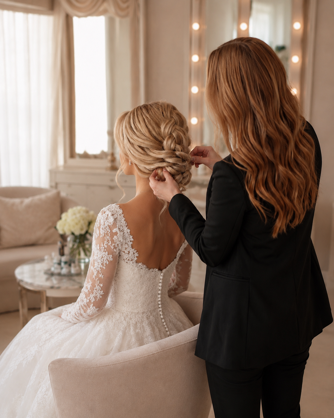 A bride with a braided updo sitting on a beige chair in a warmly lit room, as a hairstylist adjusts her hairstyle. The bride wears a lace wedding dress with button details on the back, and the room features cream drapes, a mirror, and a table with white flowers in a vase.
