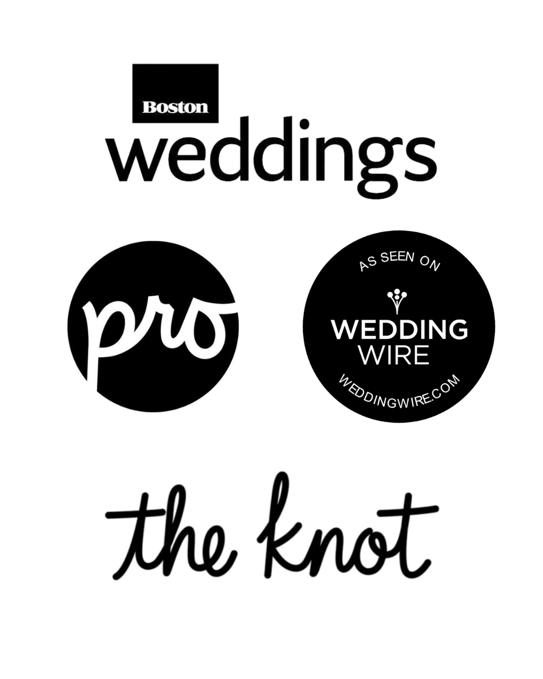 Black and white graphic design featuring the words 'Boston weddings' at the top, two circular logos in the middle labeled 'pro' and 'wedding wire,' and the phrase 'the knot' at the bottom.