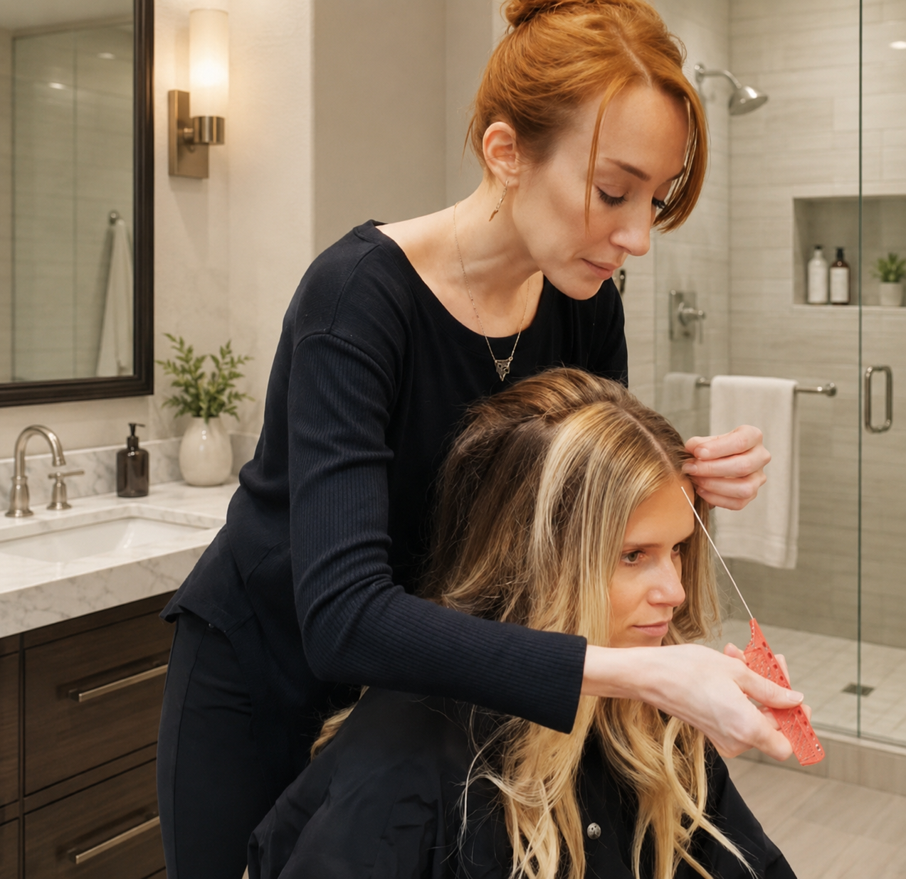 A woman with fair skin and long blonde hair receiving a hair treatment from a stylist in a modern bathroom.
