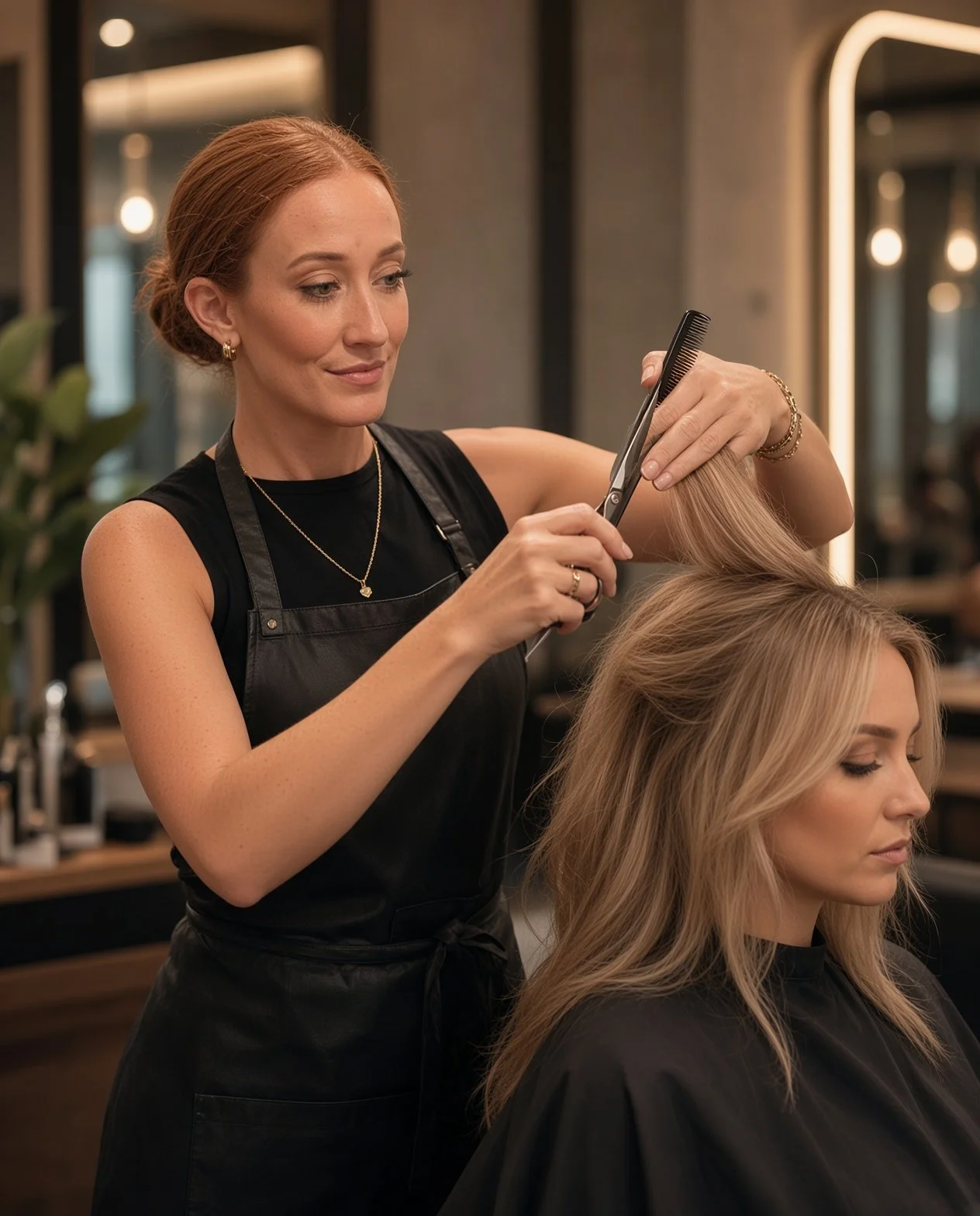 A hairstylist with red hair and a black apron cutting a woman's blonde hair in her own bathroom.