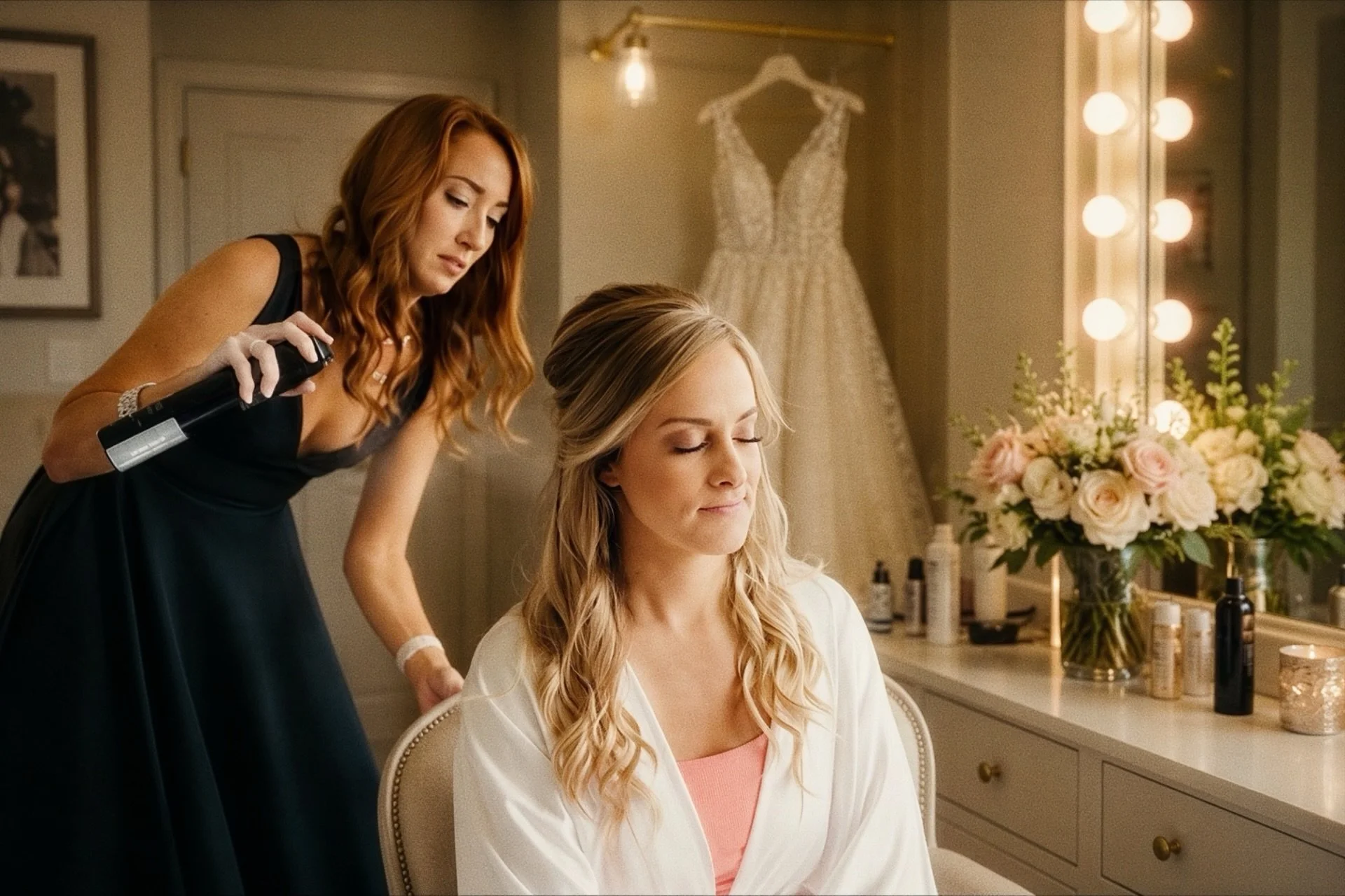A woman with long, blonde hair sitting at a vanity mirror with lit bulbs, having her hair styled by another woman with red hair. A wedding dress hangs on the wall in the background, and a bouquet of pink and white roses is on the counter.