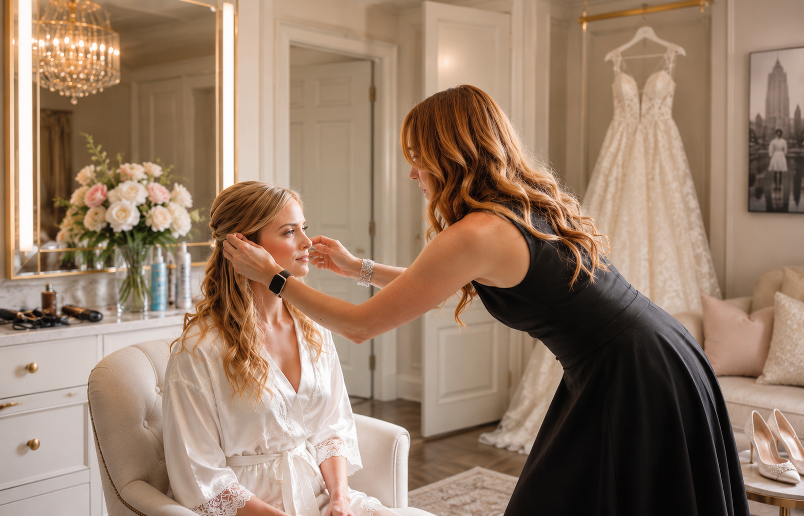 A woman with red hair and a black dress is adjusting the makeup of a blonde woman with wavy hair, wearing a white satin robe, in a luxurious dressing room decorated with flowers, a chandelier, a wedding dress, and a pair of white heels.