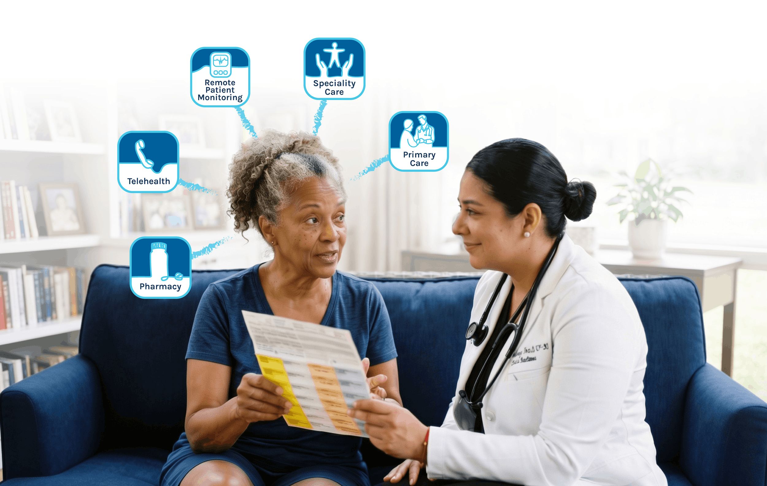 Altered Image of Patient and Doctor discussing medication in home setting