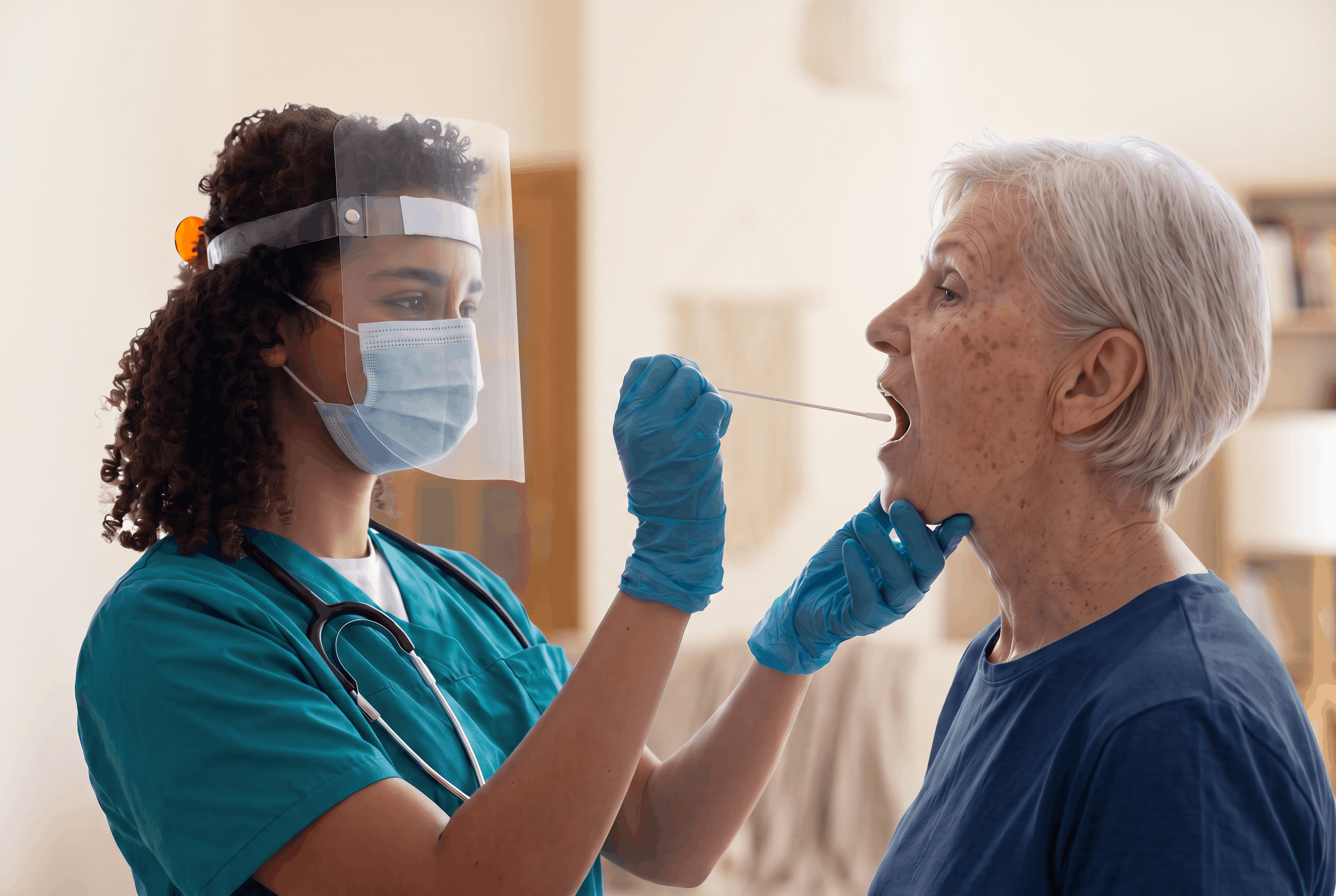 Nurse Swabbing Patient's Mouth in Home Setting