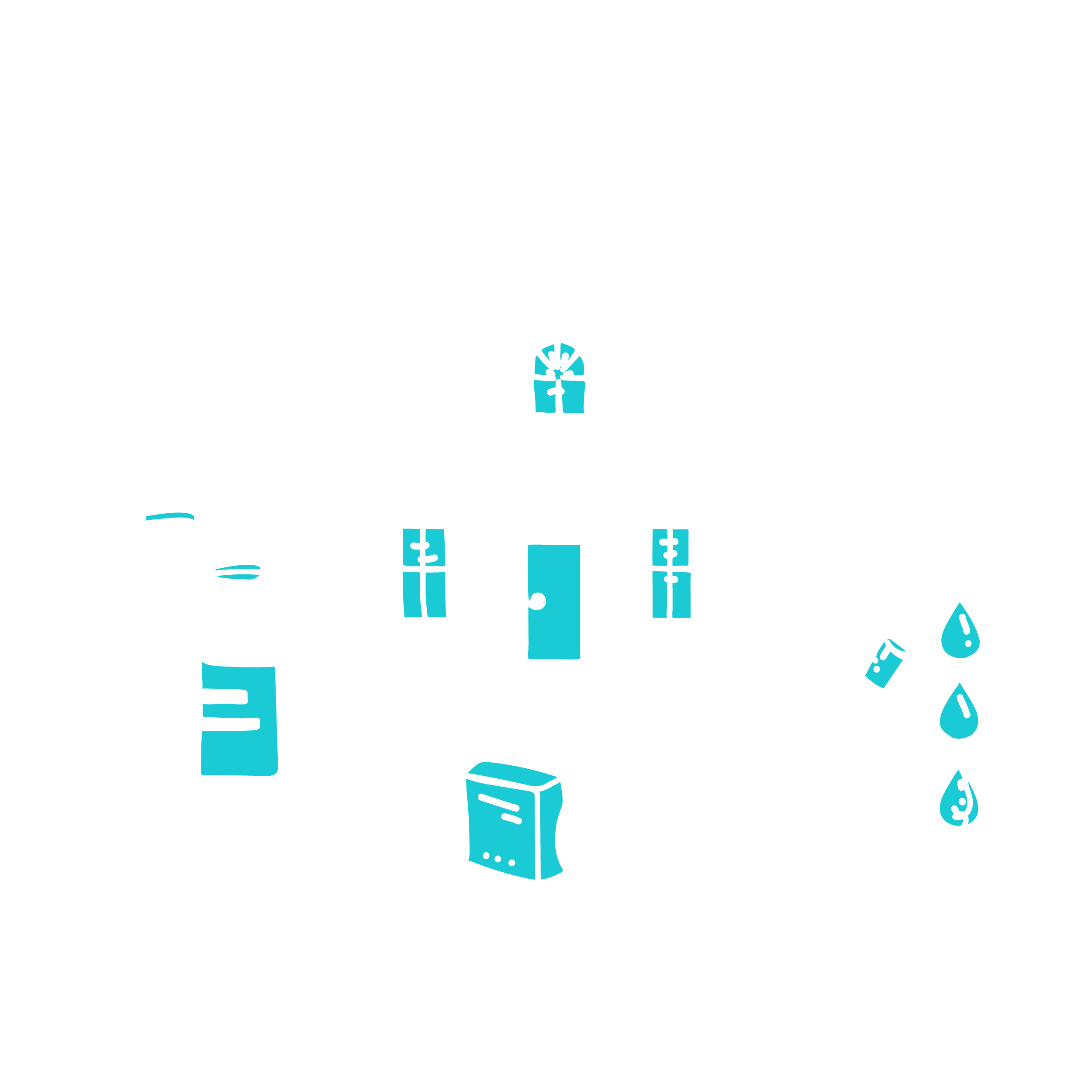 Line Illustration of House with Medical Items for Community Health Worker