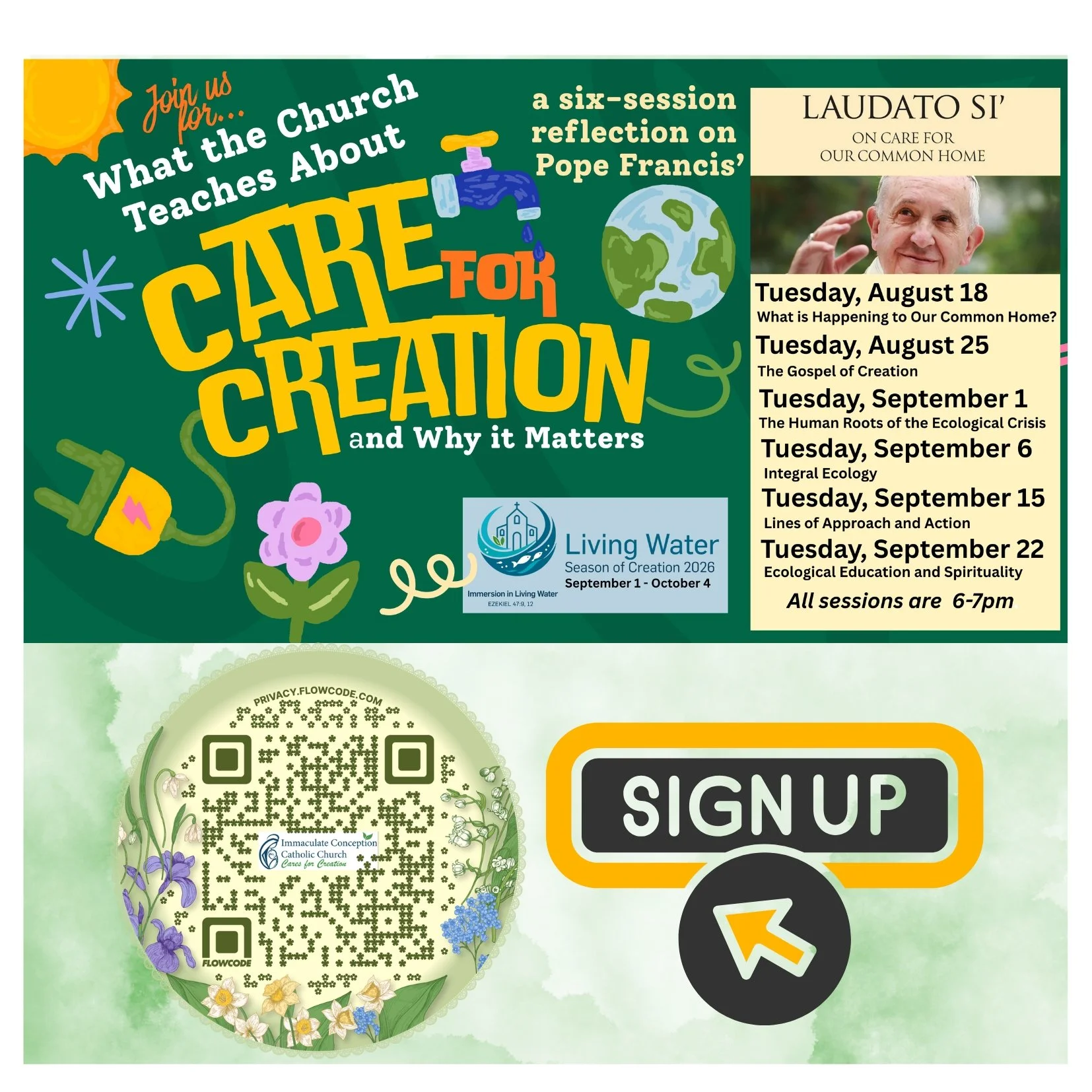 Scan QR to sign up and click on image to learn more on our Care for Creation page
