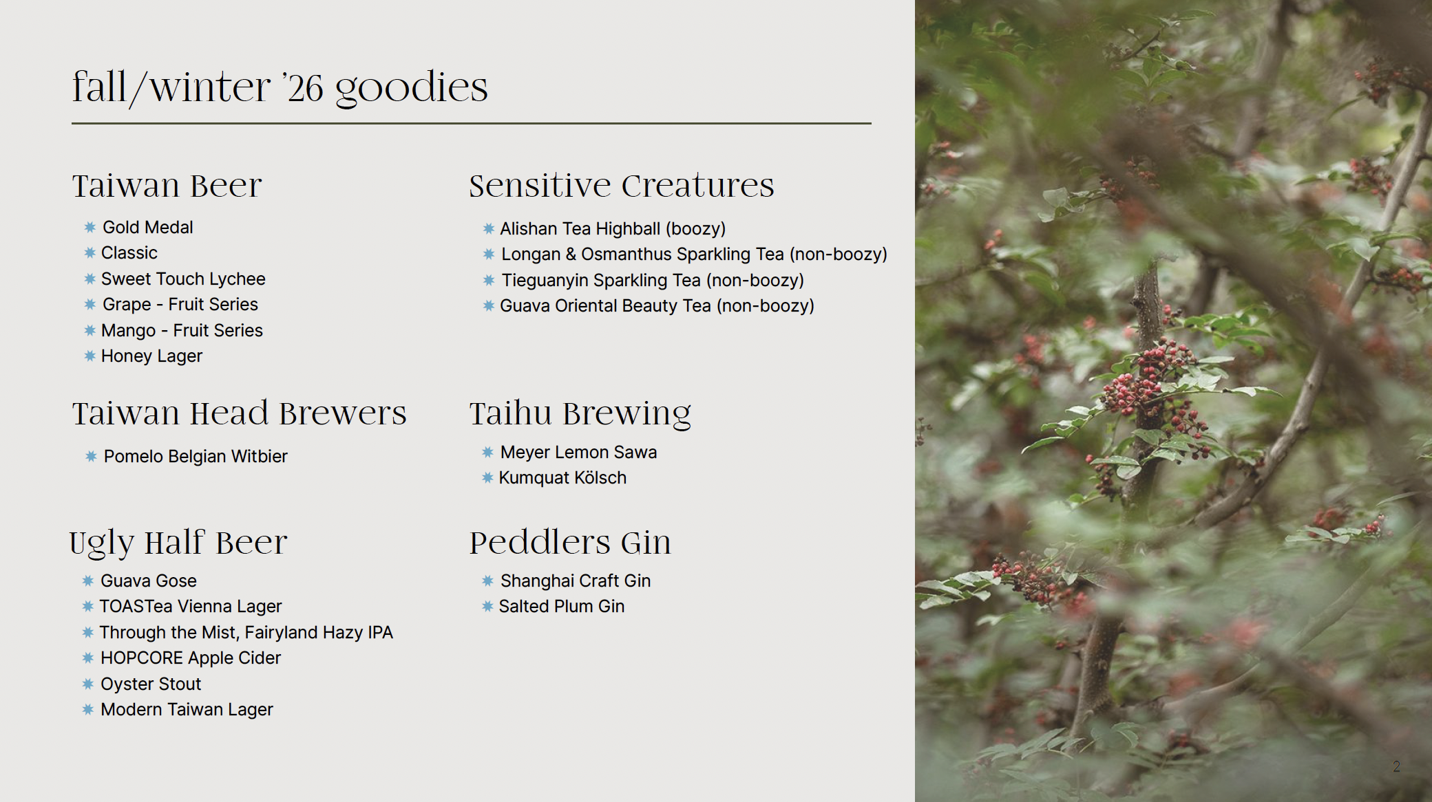 Formosa Imports fall/winter 2026 portfolio: Taiwan Beer, Taiwan Head Brewers, Ugly Half Beer, Sensitive Creatures, Taihu Brewing and Peddlers Gin.