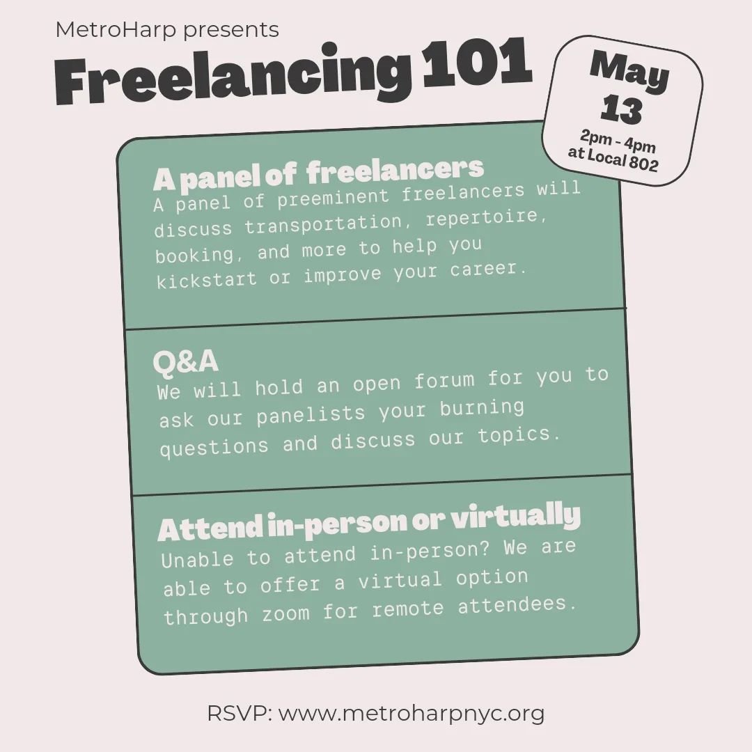 Come to our last event of the season! We will be hosting Freelancing 101 with a panel of preeminent freelancers Riza Printup, Erin Hill, and Lynette Wardle as we discuss transportation, repertoire, and all you need to know to kickstart or improve you