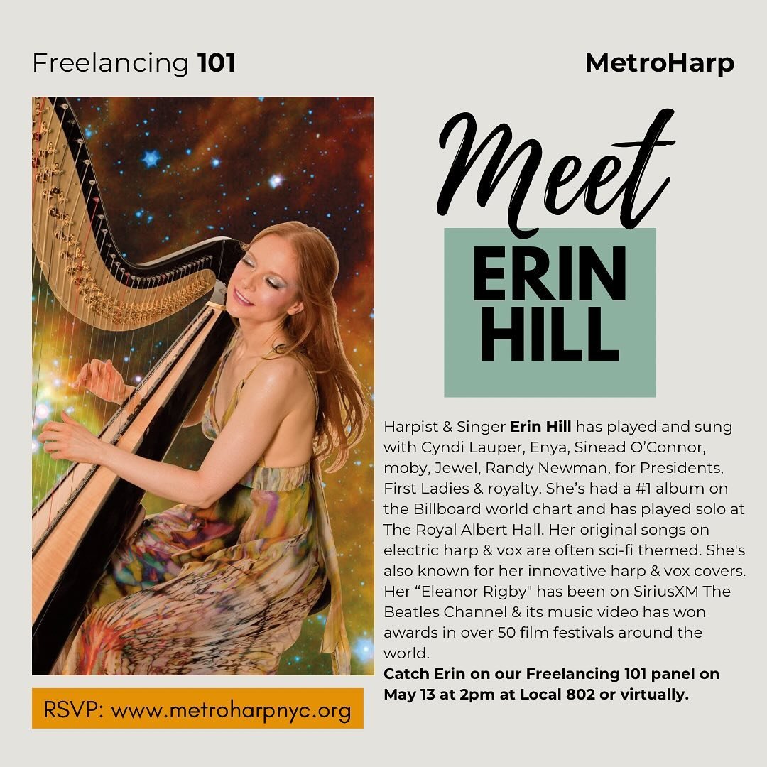Our last panelist is @erinhillharp ! Harpist &amp; Singer Erin Hill has played and sung with Cyndi Lauper, Enya, Kanye, Sinead O&rsquo;Connor, moby, Jewel, Randy Newman, for Presidents, First Ladies &amp; royalty.  She&rsquo;s had a #1 album on the B